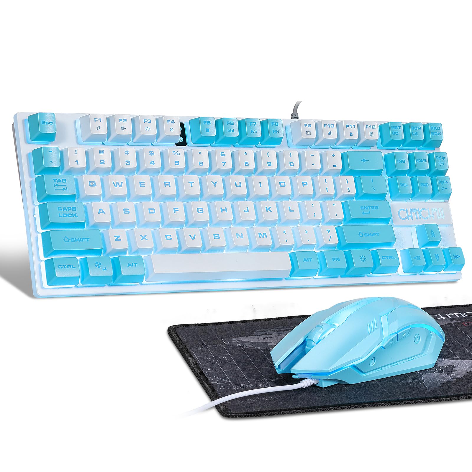 CHONCHOW Blue Keyboard and Mouse Combo, 87 Keys TKL USB Wired LED Light Up Backlit Keyboard, 8003200 DPI RGB Mouse, Blue Mouse 