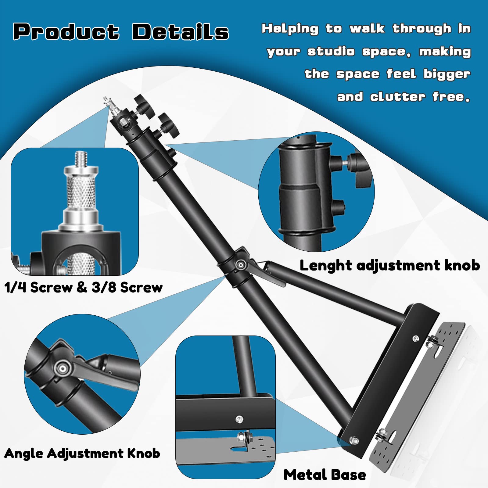 4.3Ft/130Cm Wall Mount Triangle Boom Arm, 180 Flexible Rotation, Save Space, For Ring Light, Photography Strobe Light, Monolight