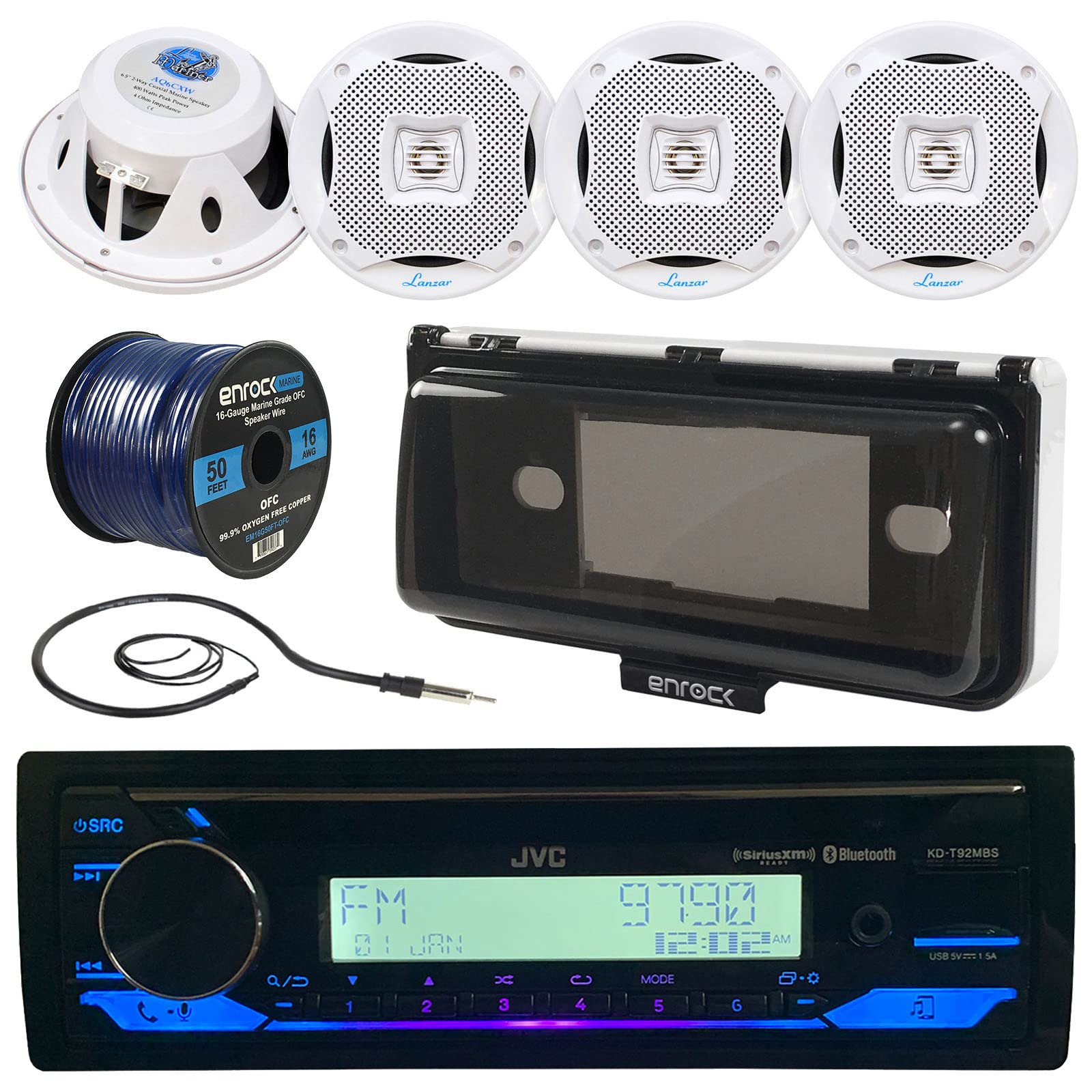 Single Din Marine Motorsports Bluetooth Usb Aux Am/Fm Radio Stereo Cd Player Receiver + 4X 400W 6.5'' White Coaxial Speakers + R
