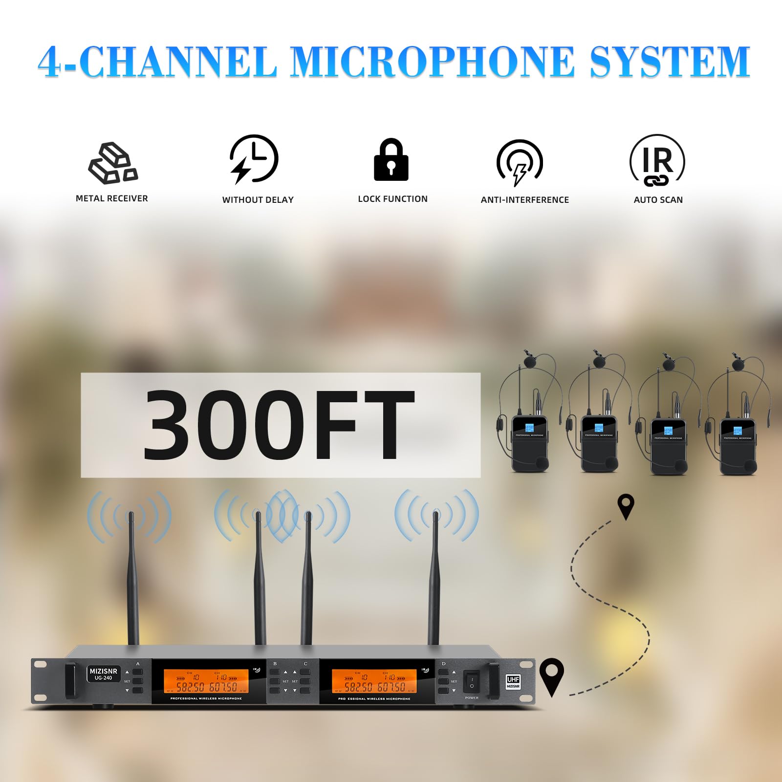 MIZISNR Wireless Lapel Microphone System, UHF Metal Receiver, 4x100 Adjustable Frequency, 300ft Range, Model UG-240, Black