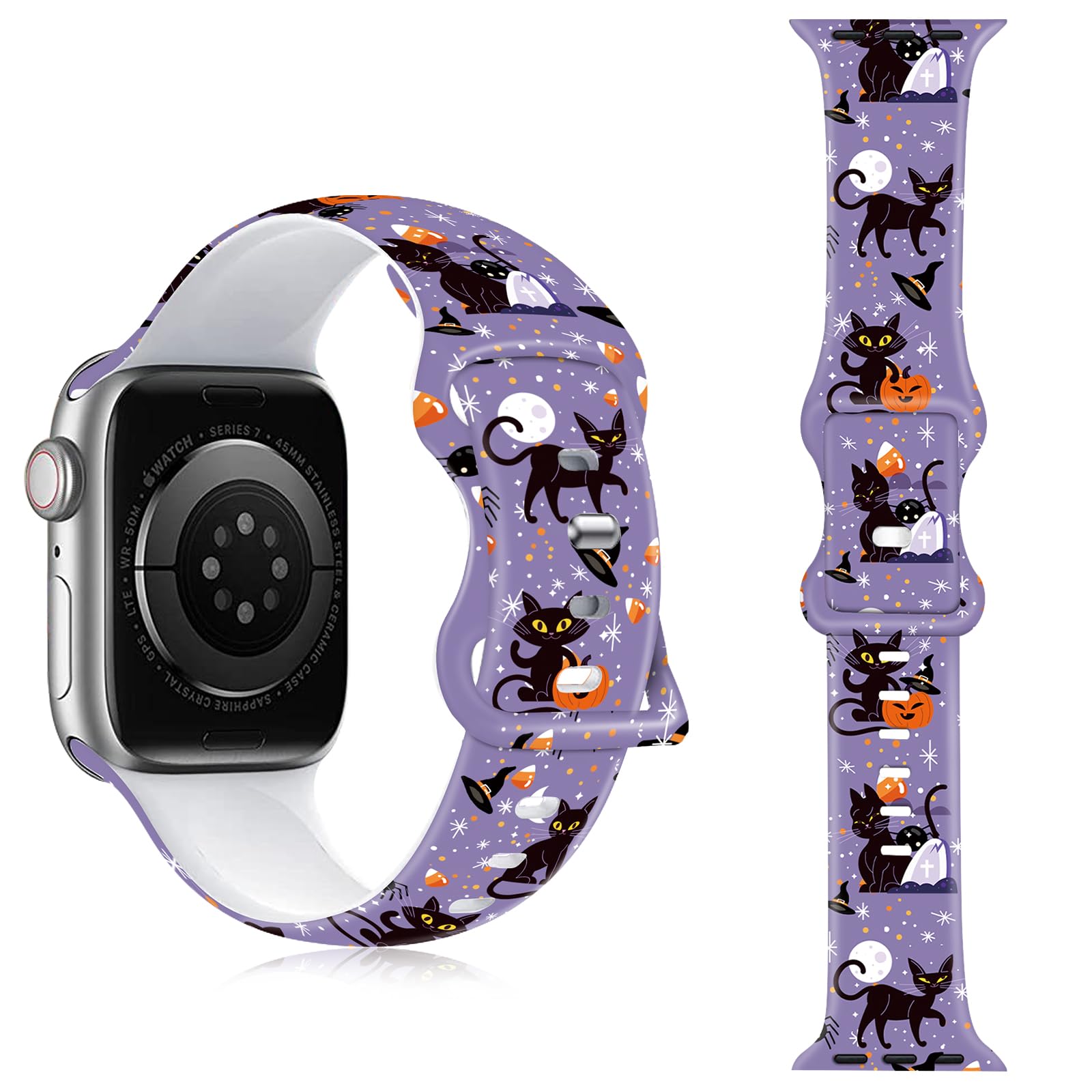 Halloween Watch Band For Apple Watch, Silicone Holiday Cat Pumpkin Printed Strap Replacement For Iwatch 1 2 3 4 5 6 7 8 9 Ultra