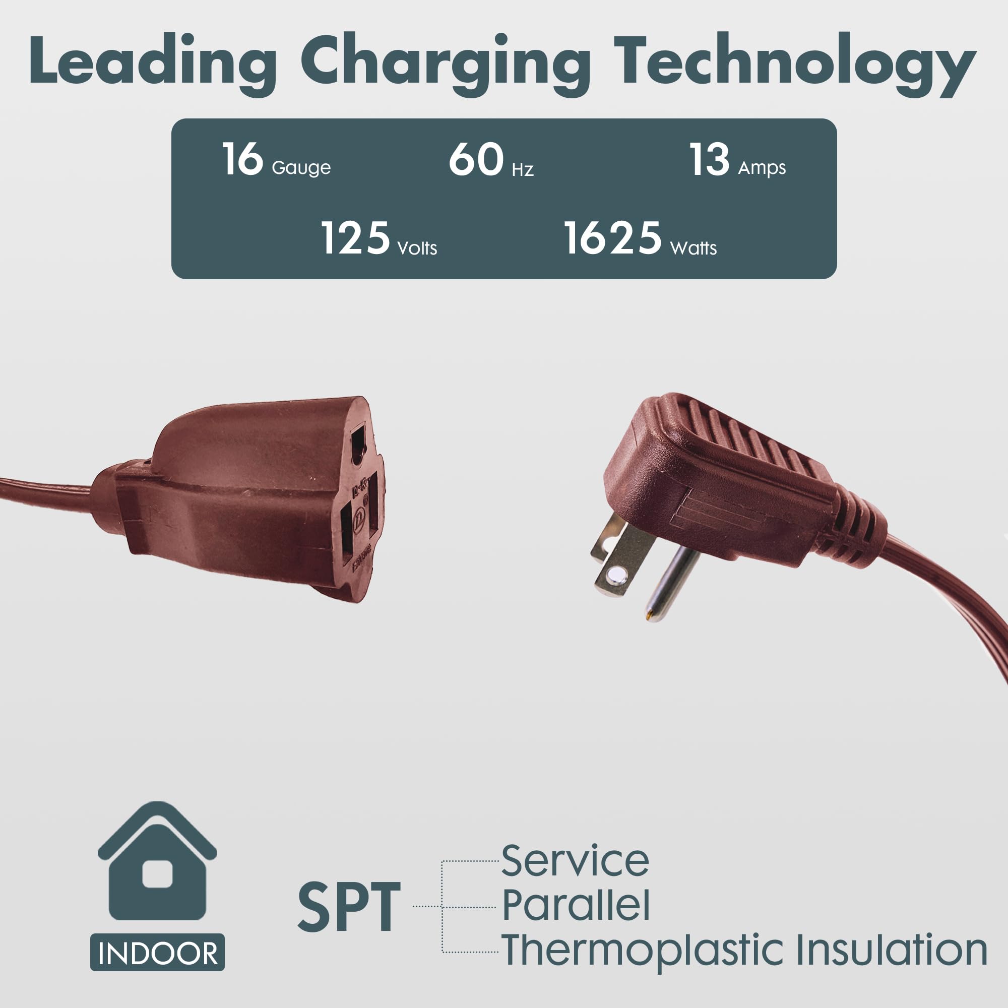 Palarine Brown Flat Plug Extension Cord 12 Ft, Indoor Extension Cord, 16/3 Spt 3 13A 3 Prong Power Cord For Kitchens, Behind Fur