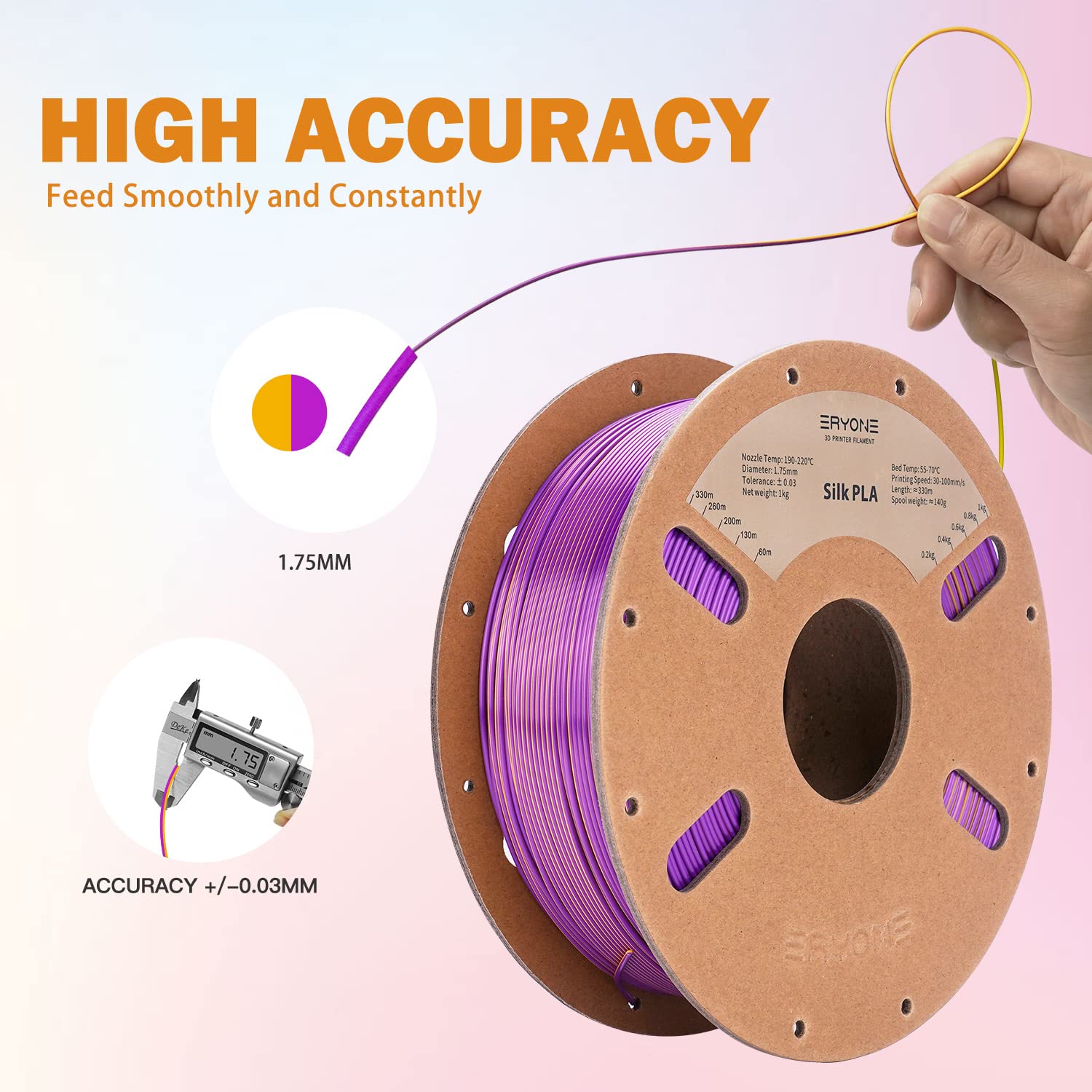 Eryone Silk Dual Color Filament Pla 3D Printer 1.75Mm +/  0.03Mm, Coextrusion Filament Pla Shiny Filament 1Kg(2.2Lbs), Gold Purp