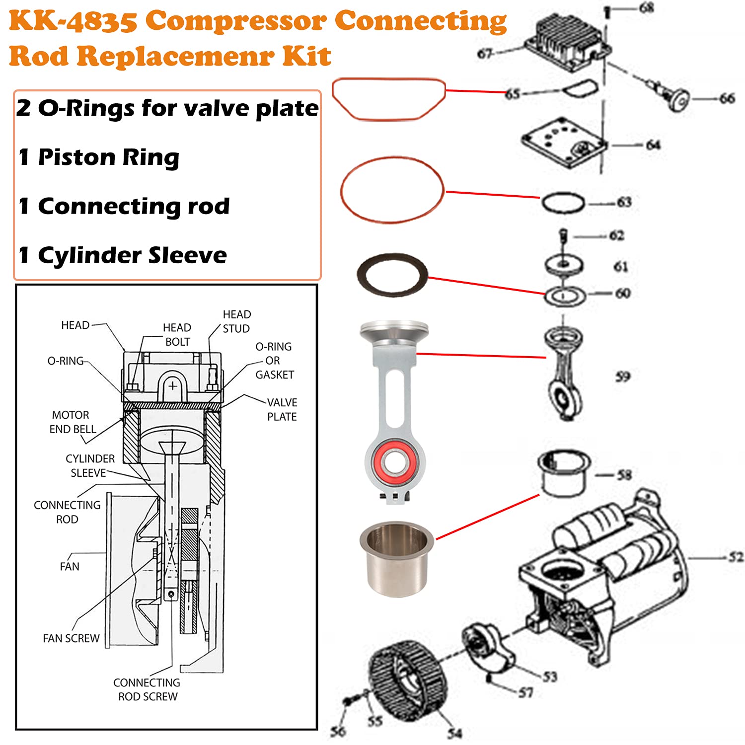 Kk 4835 Compressor Piston Kit Air Compressor Connecting Rod Replacement Kit For Craftsman Devildiss Dewalt Porter Cable Oil Free