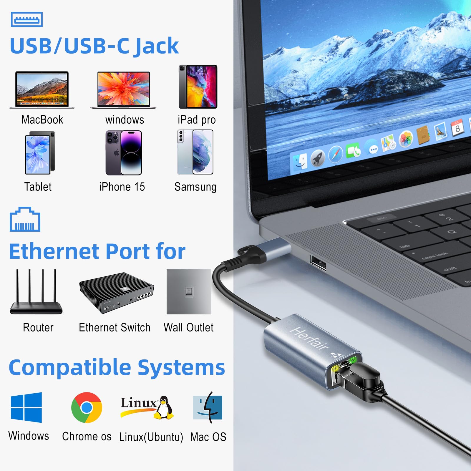Usb To Ethernet Adapter Usb C Ethernet Adaptor For Laptop 1000Mbps Gigabit Usb To Rj45 Network Converter Compatible With Chromec