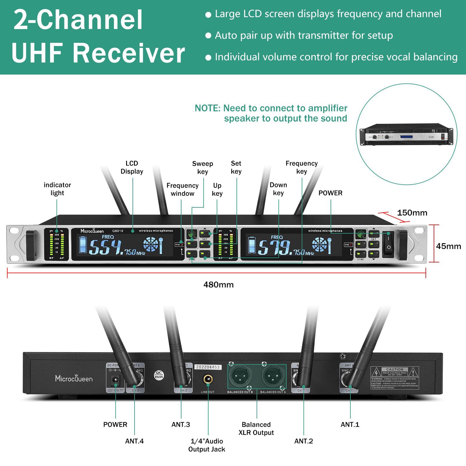 MicrocQueen UHF Wireless Microphone System - Dual Channel, 500FT Range, 2 Handheld Mics, Black, Model 8019