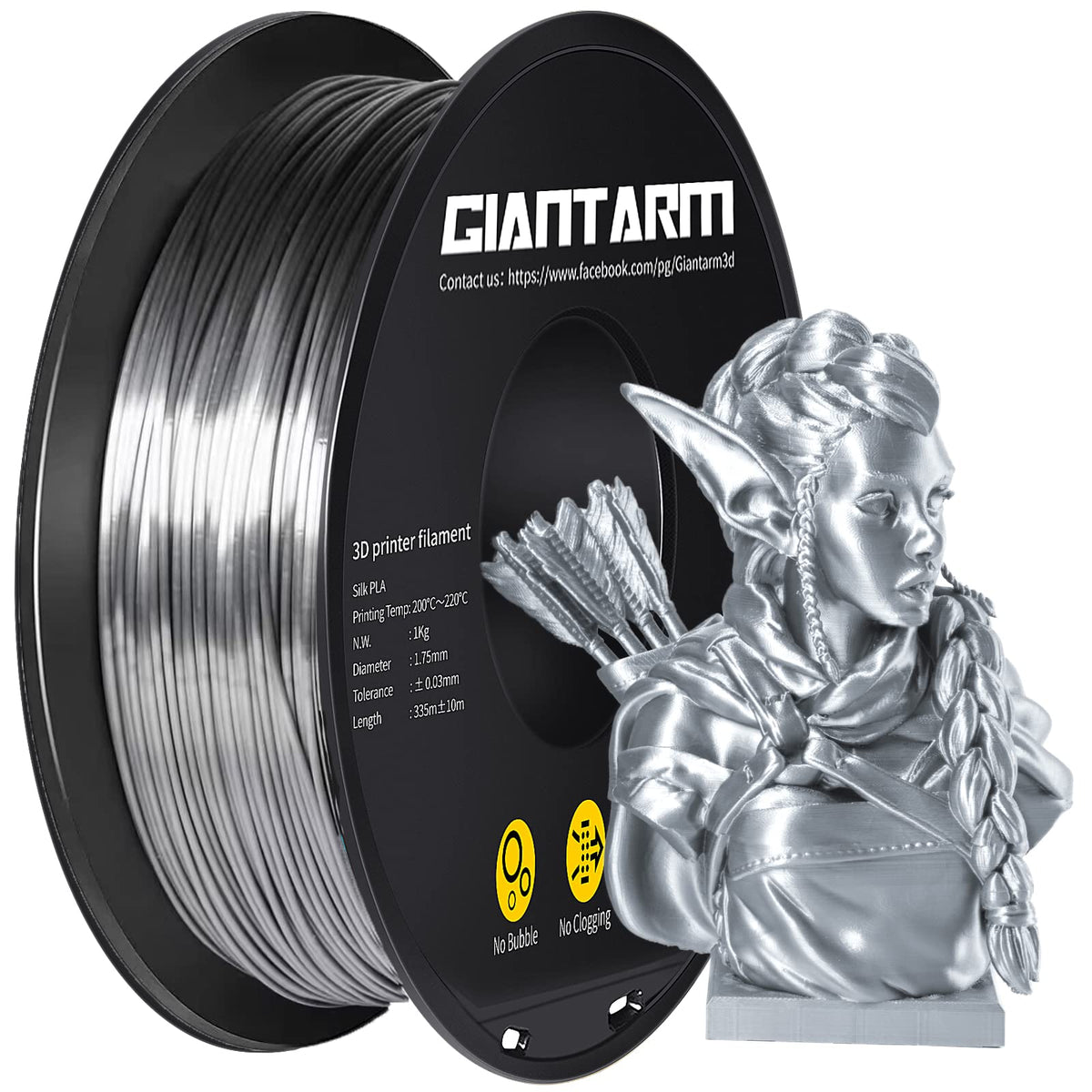 Giantarm Silk Metallic Silver Pla 3D Printer Filament 1Kg Spool, 1.75Mm Dimensional Accuracy +/ 0.03Mm, 1080 Feet Per Roll, Vacu