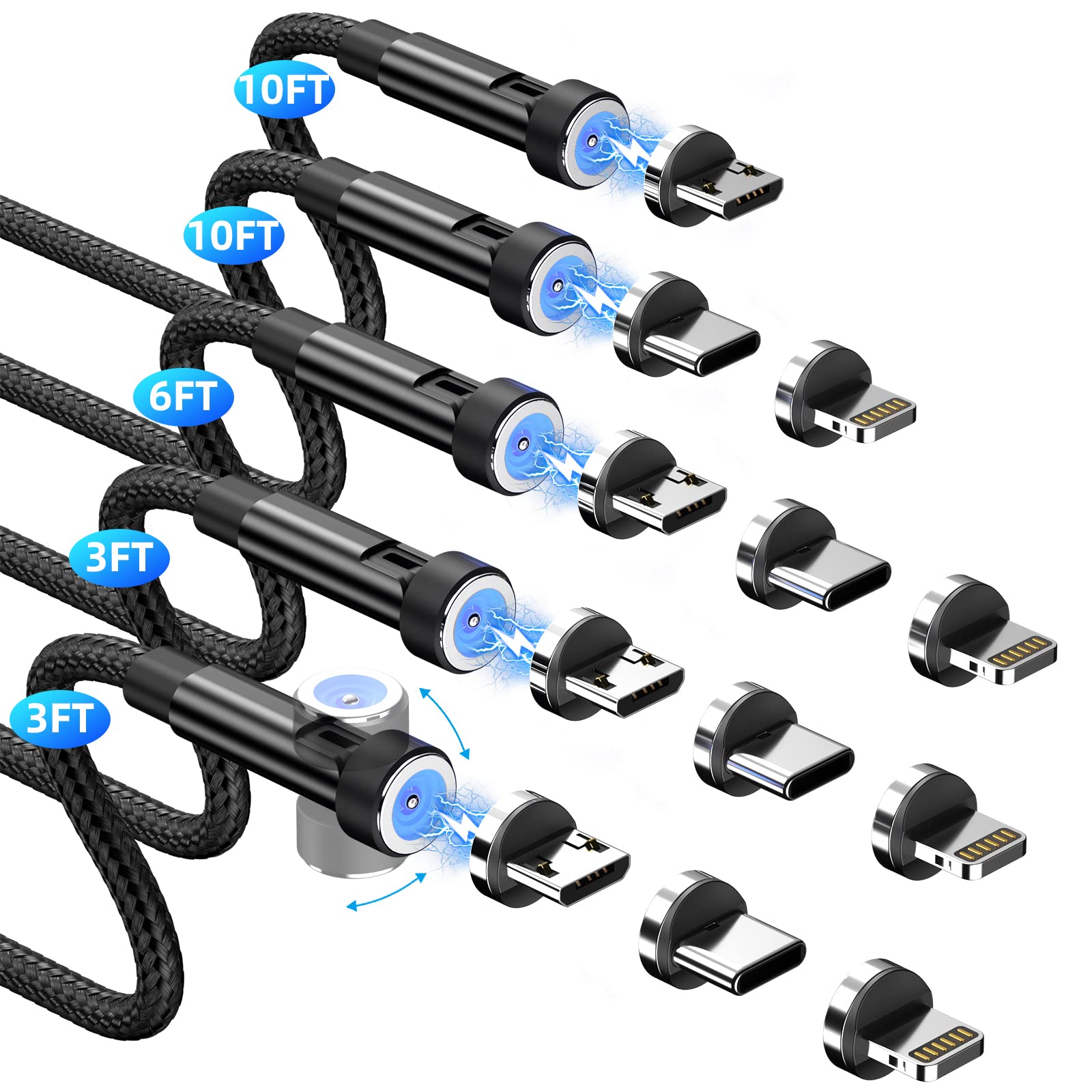 Magnetic Charging Cable [5 Pack,3/3/6/10/10Ft] 3 In 1 Magnetic Phone Charger 360&180 Rotating Magnetic Charger Cable With Led Li