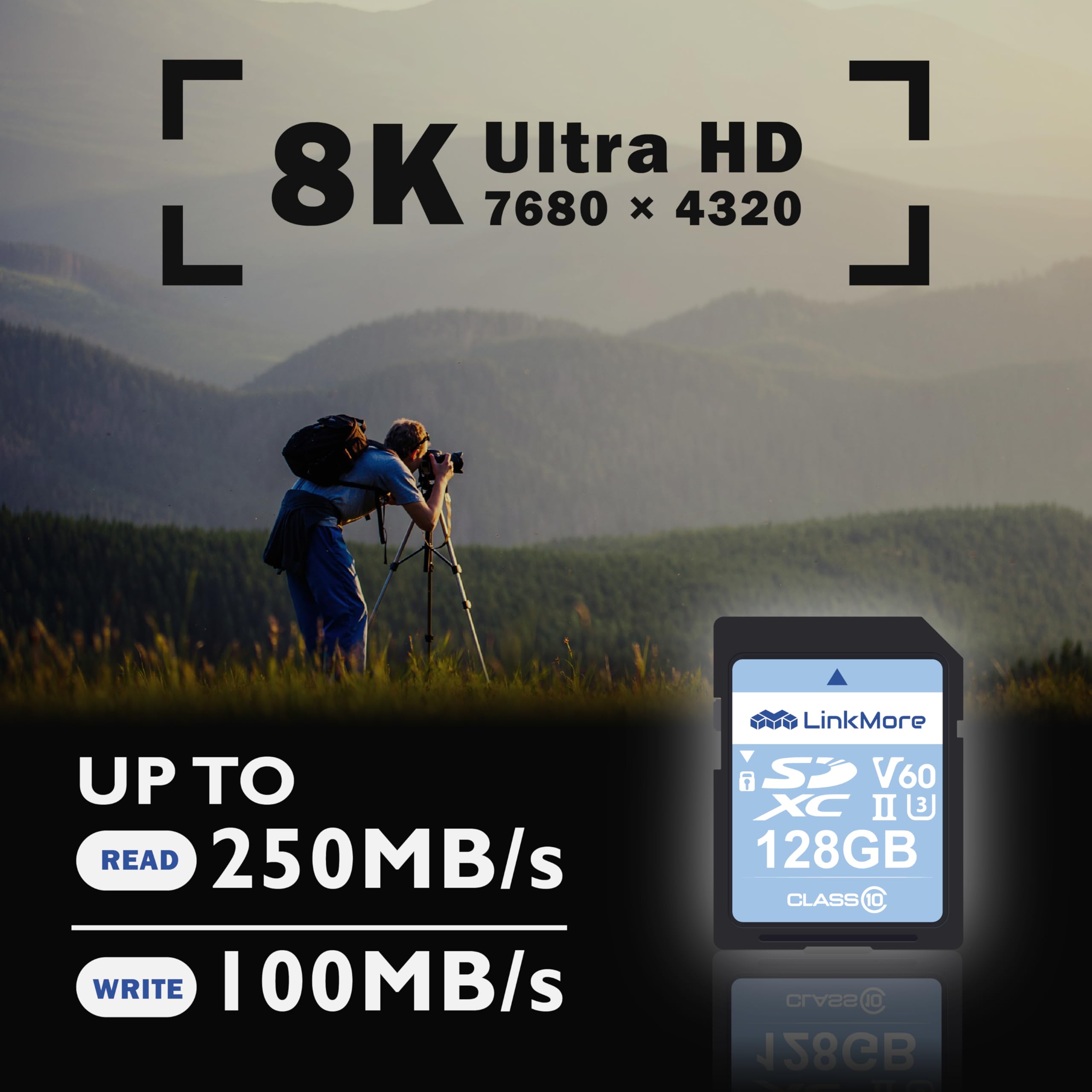 Linkmore Xv26 128Gb Sdxc Uhs Ii Card Uhs Ii Sd Card, C10, U3, V60, Sd Card For Digital Camera, Drone Support 4K 8K Video, Camera