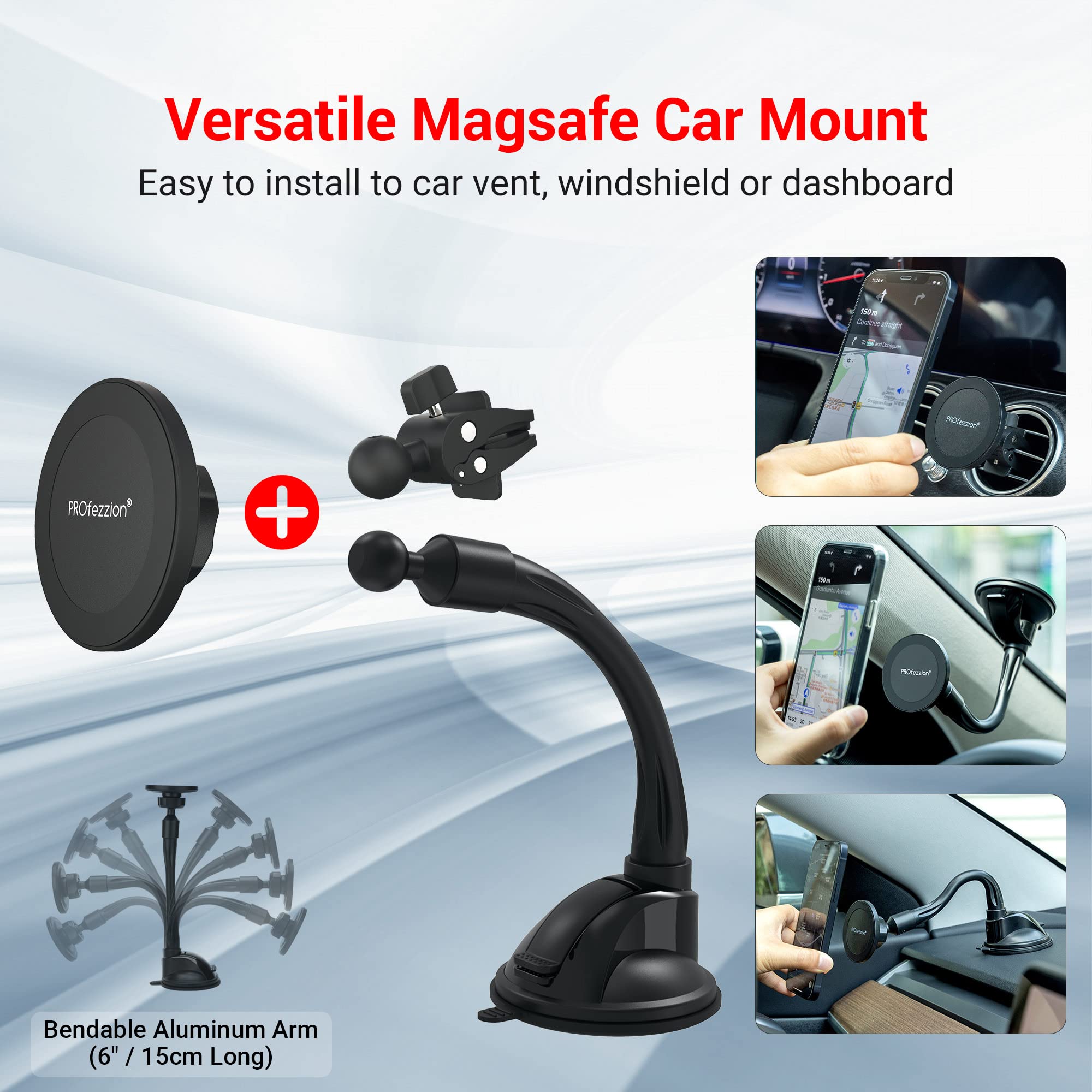 Profezzion Suction Cup & Vent Clip Combo Magnetic Phone Holder Compatible With Magsafe On Car Windshield, Dash Or Vent For Iphon