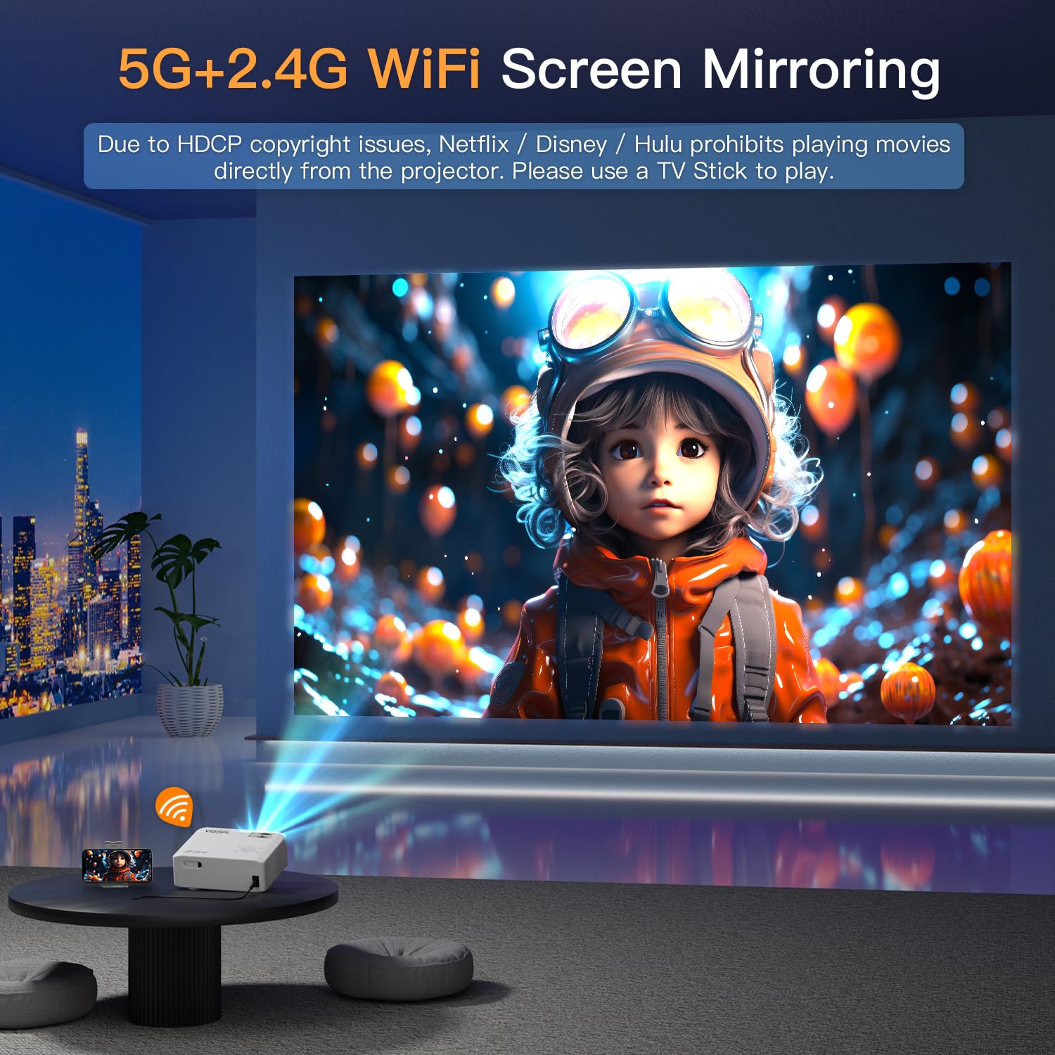 [6D/4P/4K] Projector With Wifi And Bluetooth, Visspl 4K Supported Video Projector, Electric Keystone, Home Theater Movie Phone P