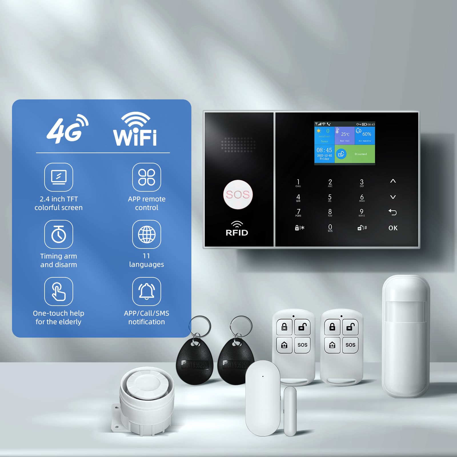 Alarm System For Home Security,Wifi+Gsm 4G Diy Alarm Kit With Phone App Alert, Door/Window Sensor, Remote, Work With Alexa And G