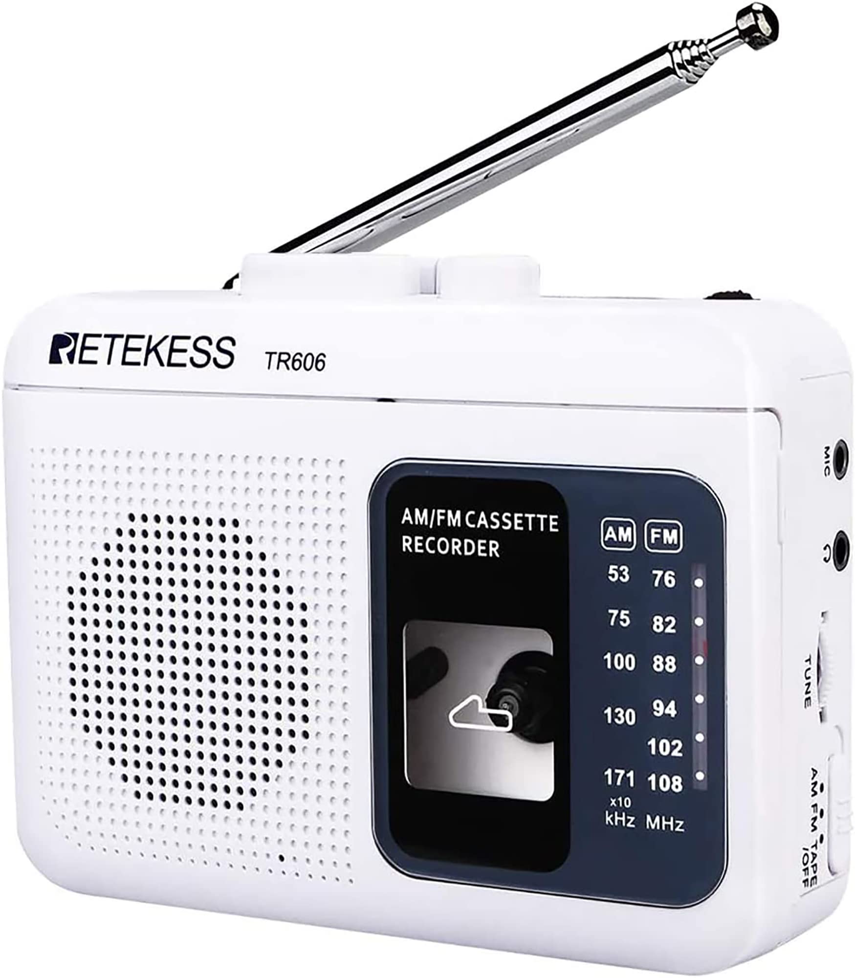 Retekess Tr606 Tape Recorder Cassette Player, Am Fm Cassette Players Walkman, Supports Voice/Aux Line In Record, Powered By Dc Or Aa Battery (White)