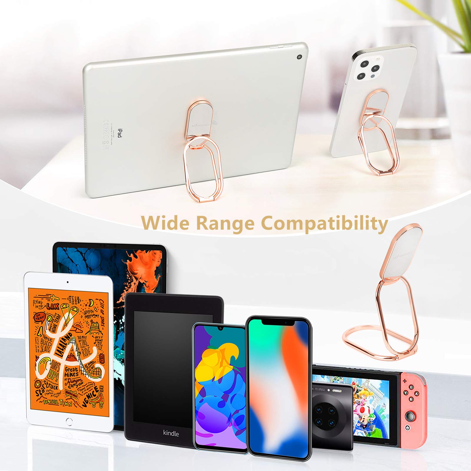 Mindsky Phone Ring Holder - 360° Rotation, Foldable Stand, Rose Gold, Compatible with iPhone, iPad, Smartphones, Tablets