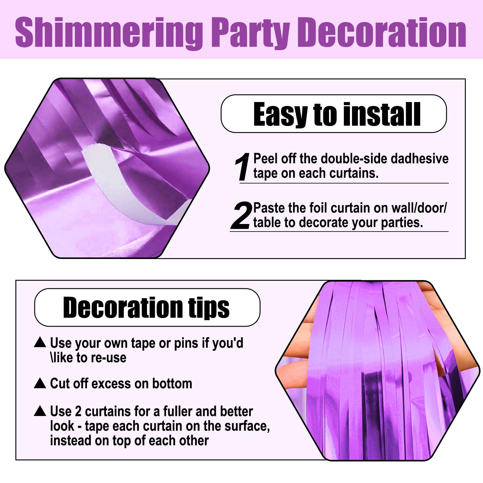 3 Pack Light Purple Foil Fringe Curtain Backdrop, 3.28Ft X 6.6Ft Metallic Tinsel Foil Fringe Streamer Curtains For Photo Booth,