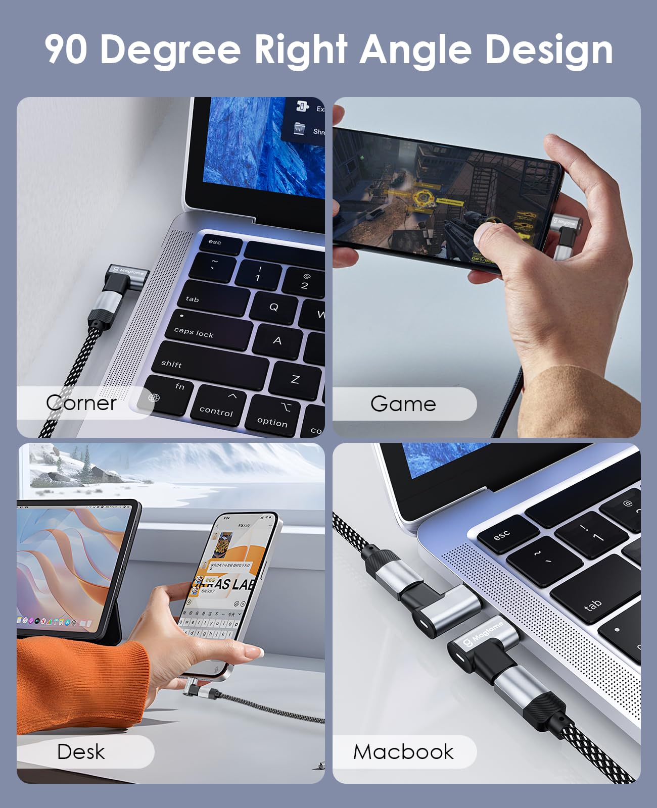 Magtame Magnetic 90 Degree Usb C Male To Usb C Female Adapter, 240W Right Angle 20Gbps Data Transfer 4K Video Output Compatible