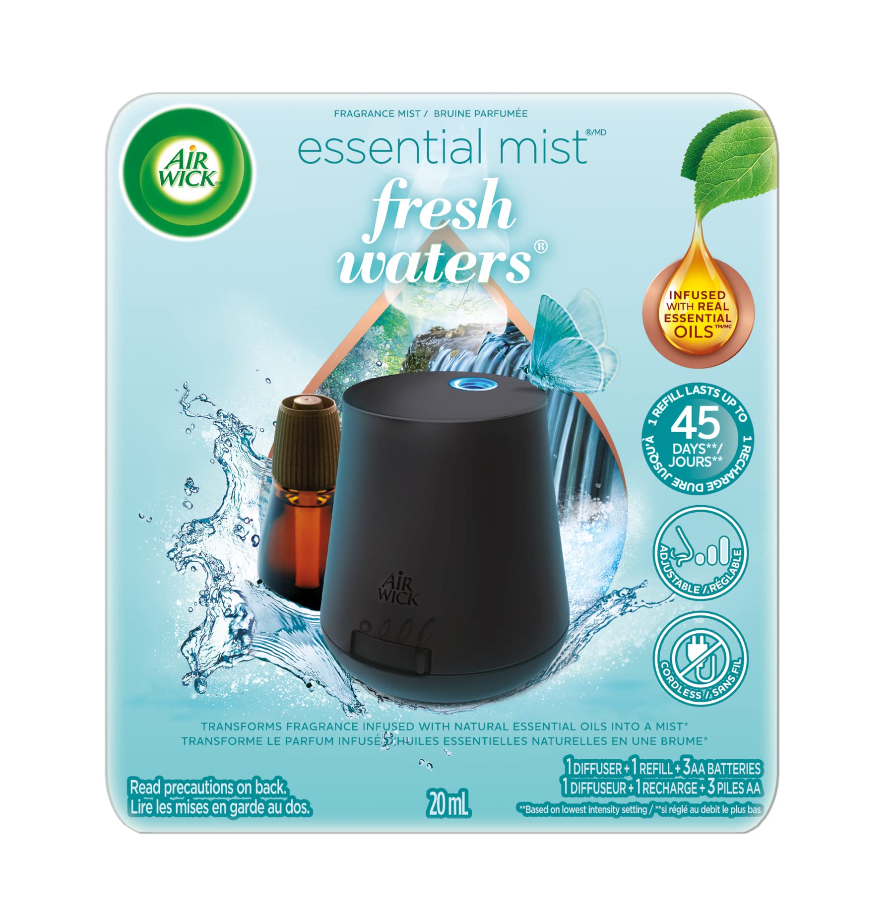 Air Wick Essential Mist, Essential Oil Diffuser, (Diffuser + 1 Refill), Fresh Water Breeze, Air Freshener (Device and Packaging 