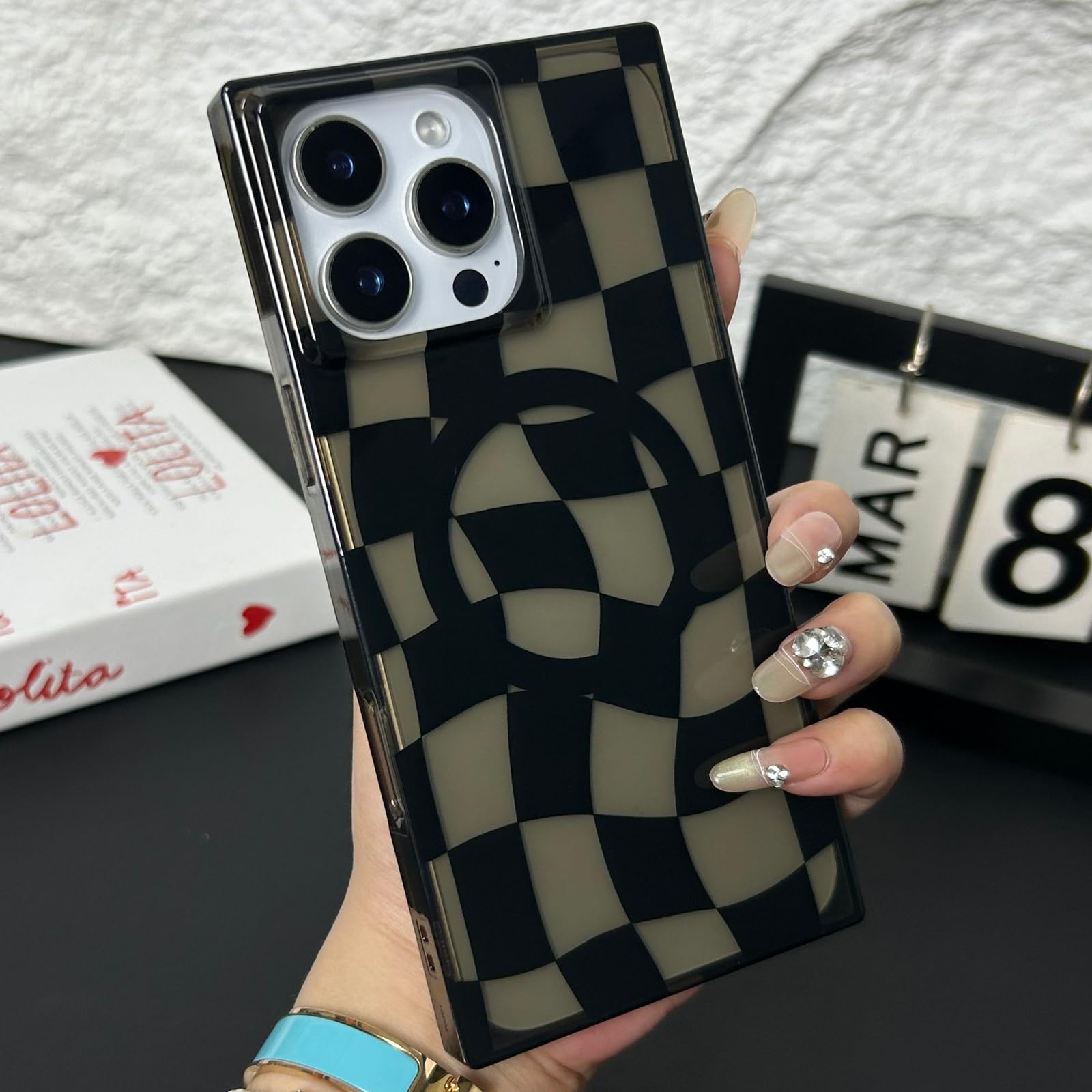Roymonkey Checkered Magnetic Phone Case For Iphone 14 Pro Max Compatible With Magsafe - Rectangular Checker Checkerboard Twist P