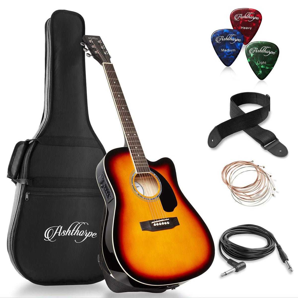 Ashthorpe Full Size Cutaway Thinline Acoustic Electric Guitar Package   Premium Tonewoods   Sunburst