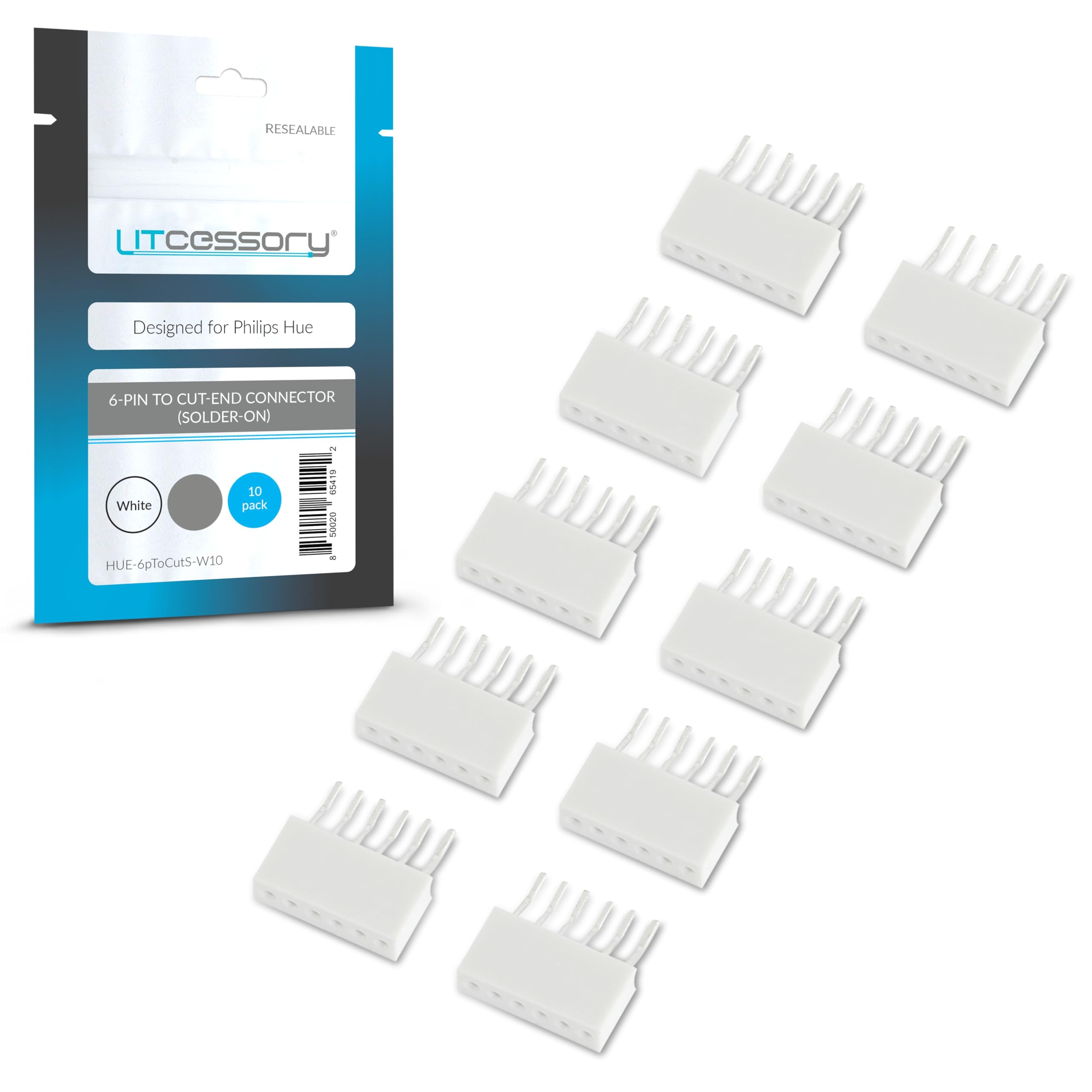 Litcessory 6-Pin to Cut-End Connector for Philips Hue/Solo Lightstrip (Solder-On) (10 Pack, White - MICRO 6-PIN V4 / Solo Lights