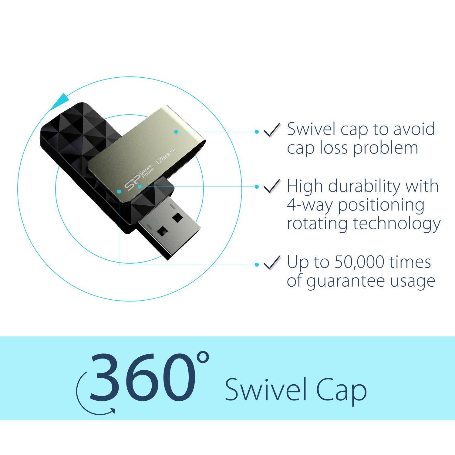 Silicon Power 128Gb Blaze B30 Usb 3.0 Swivel Flash Drive, Black (Sp128Gbuf3B30V1K)