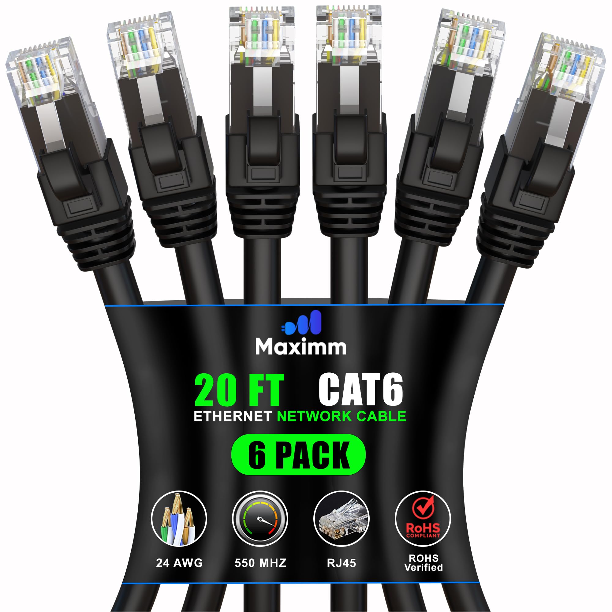 Maximm Cat 6 Ethernet Cable 20 Ft (6 Pack)   High Speed Lan Cable, Internet Cable, Patch Cable, And Network Cable   Utp, 10Gbps, 550Mhz Ethernet Cord   Black