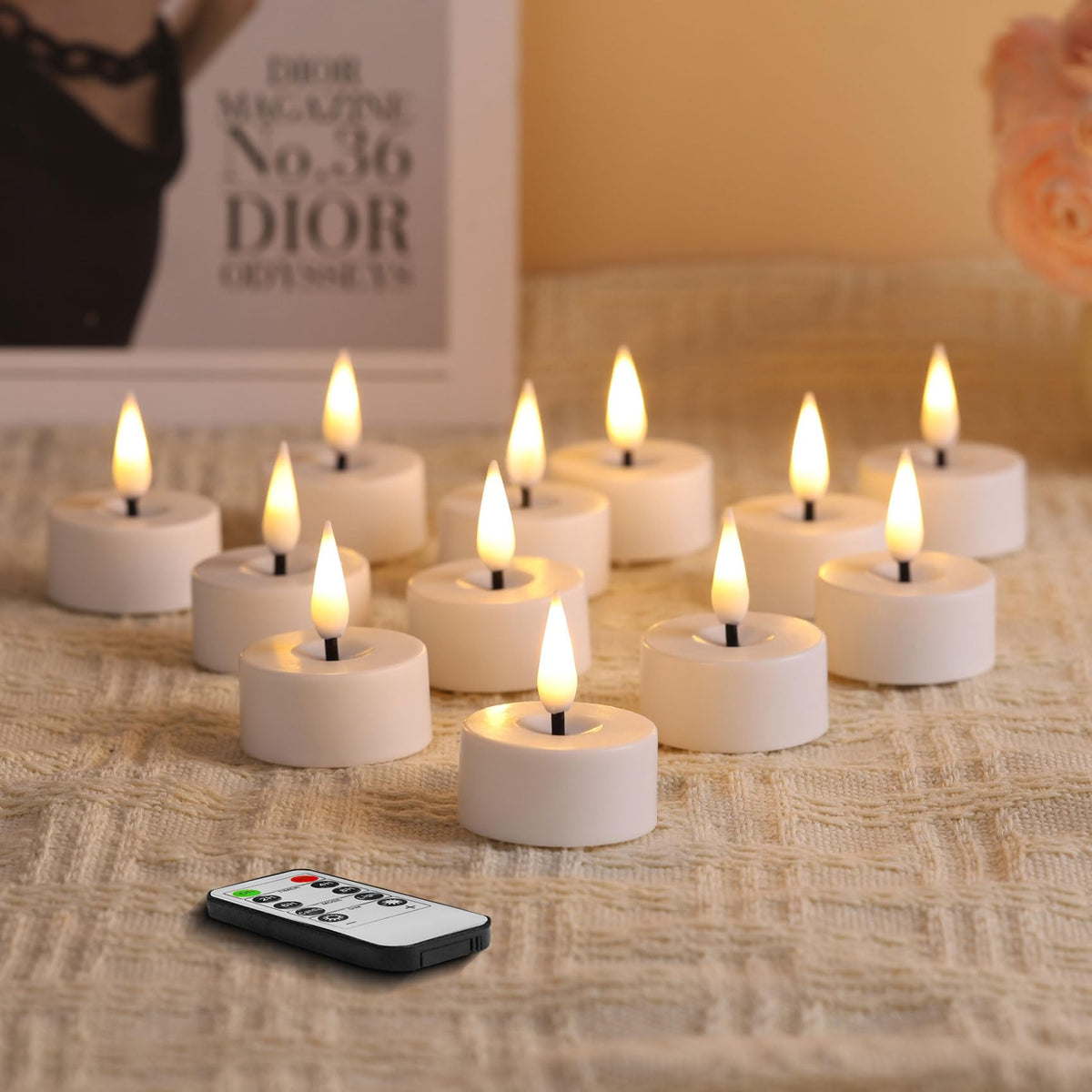 Eywamage White Led Tealights With Remote Batteries, Flickering Flameless Tea Lights Electric Votive Candles Set Of 12