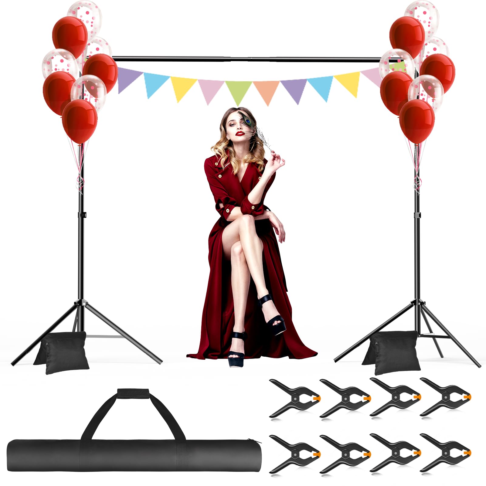 Gloshooting Backdrop Stand, 10X7Ft(Wxh) Photo Background Stand Adjustable Support Kit With 2 Crossbars, 8 Backdrop Clamps, 2 San