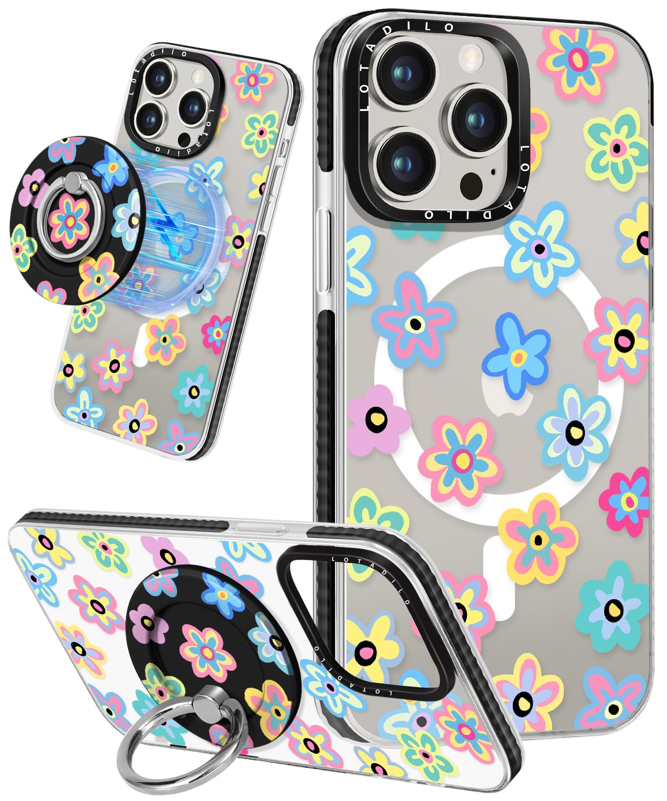 Lotadilo for iPhone 13 Pro Max Case for Women Girls - Cute Design Compatible with Magsafe Magnetic Ring Holder Stand Spring Flow