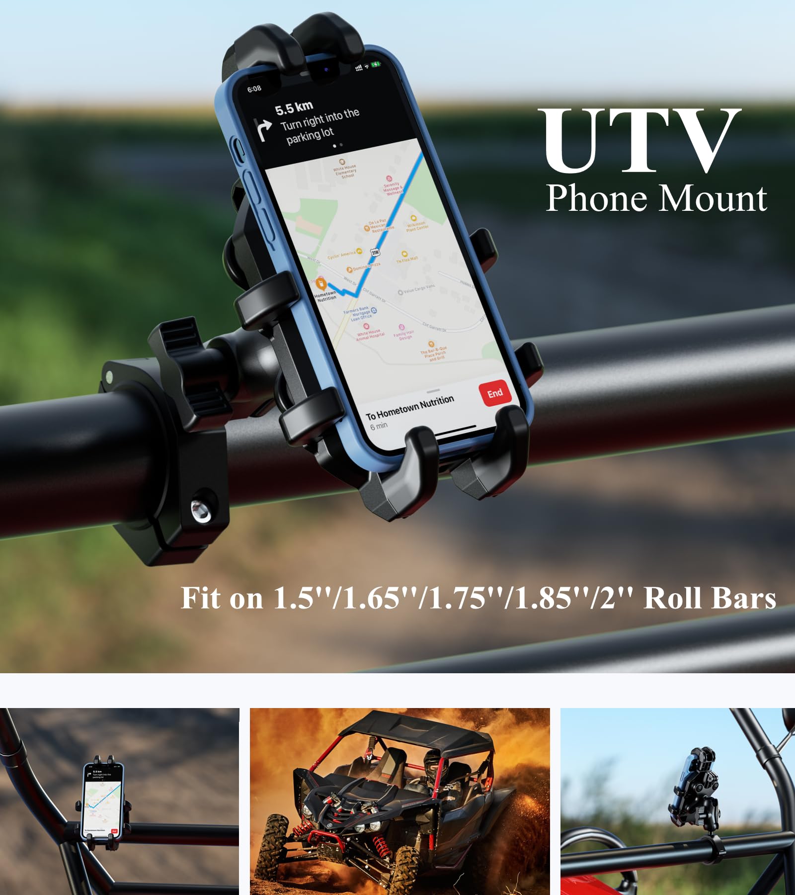 Brcovan Utv Phone Mount With Vibration Dampener, Adjustable Heavy Duty Utv Roll Cage Cellphone Holder Fit On 1.5''/1.65''/1.75''