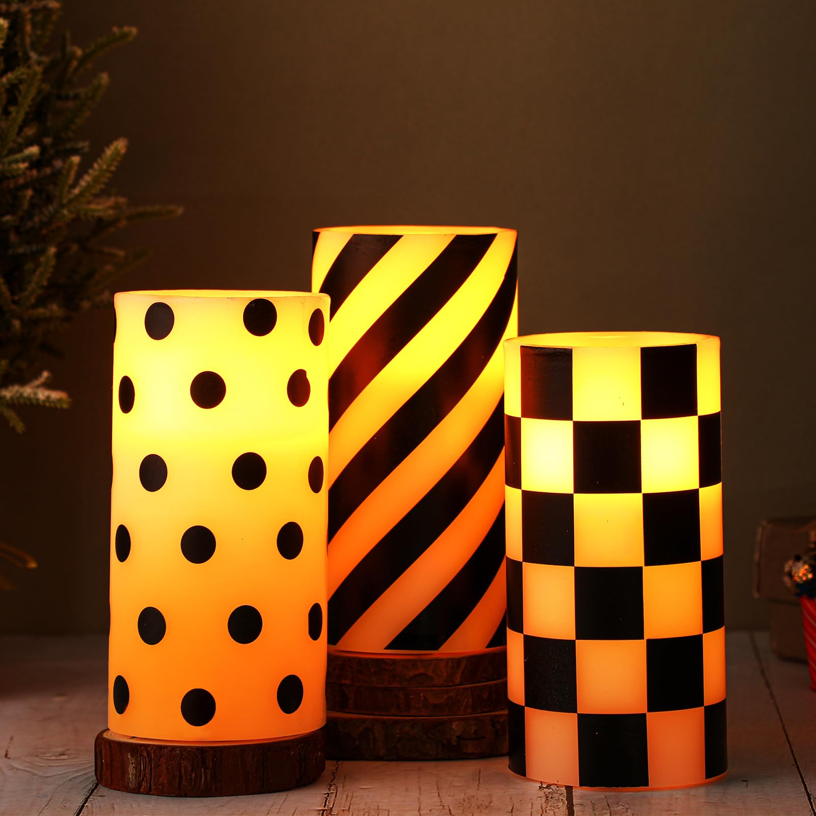 Roceei 3 Pcs Black And White Christmas Flameless Candles Battery Operated Flickering Candles Led Candles Real Wax Pillar Candle