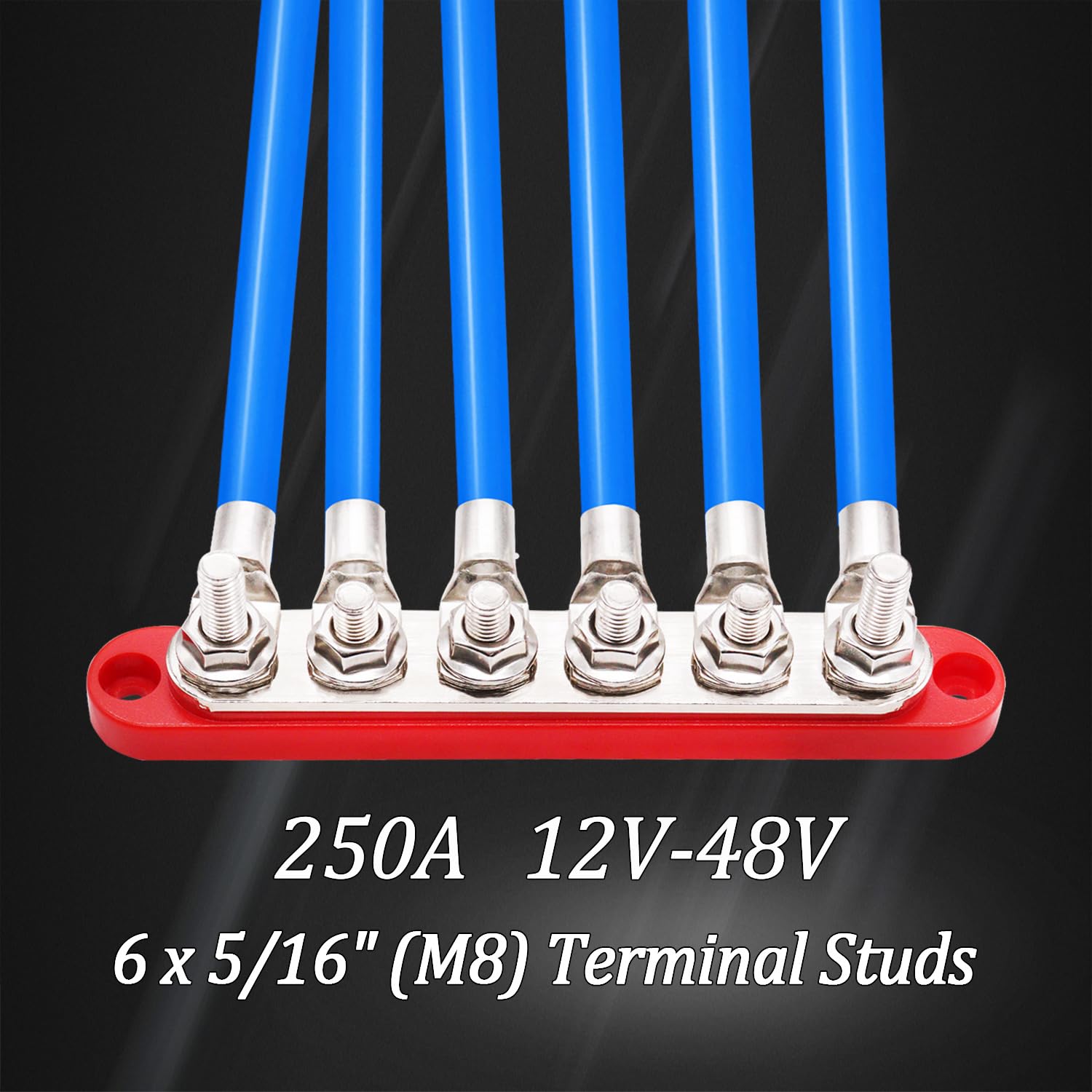 Maierke 250A Bus Bar 12V Marine 6 X 5/16'' (M8) Terminal Studs 12V 48V Power Distribution Block With Cover,With 6Pcs Battery Lug