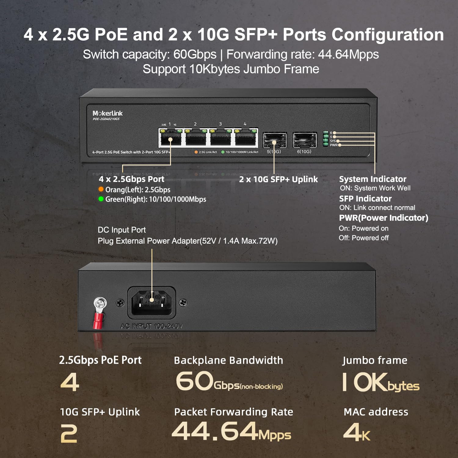 Mokerlink 4 Port 2.5G Poe Switch With 2 Port 10G Sfp+ Slot, 4 X 2.5G Base T Ports Compatible With 10/100/1000Mbps, Ieee8023Af/At