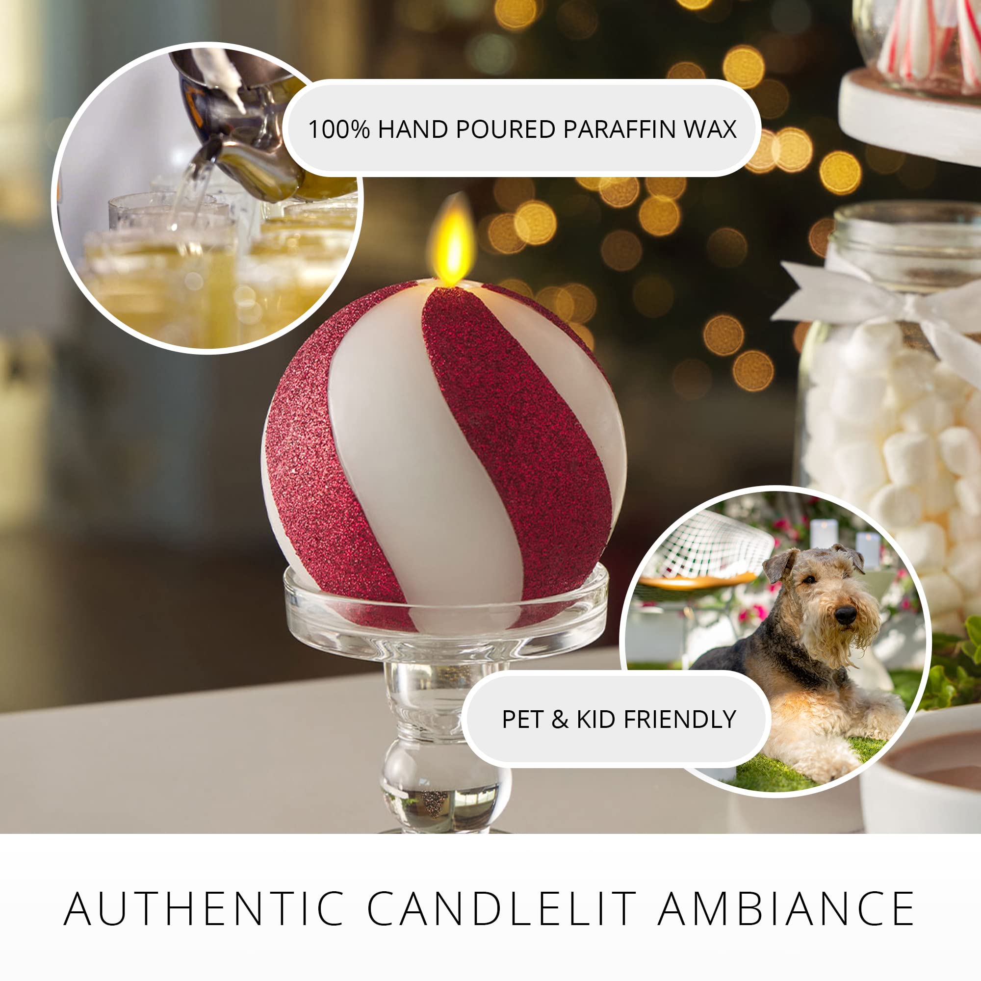 Luminara   Flameless Holiday Crystal Beads Glitter Sphere Candle   Candy Cane Red   Pack Of 1 4X4.25   Auto Timer Built In 5 Hou