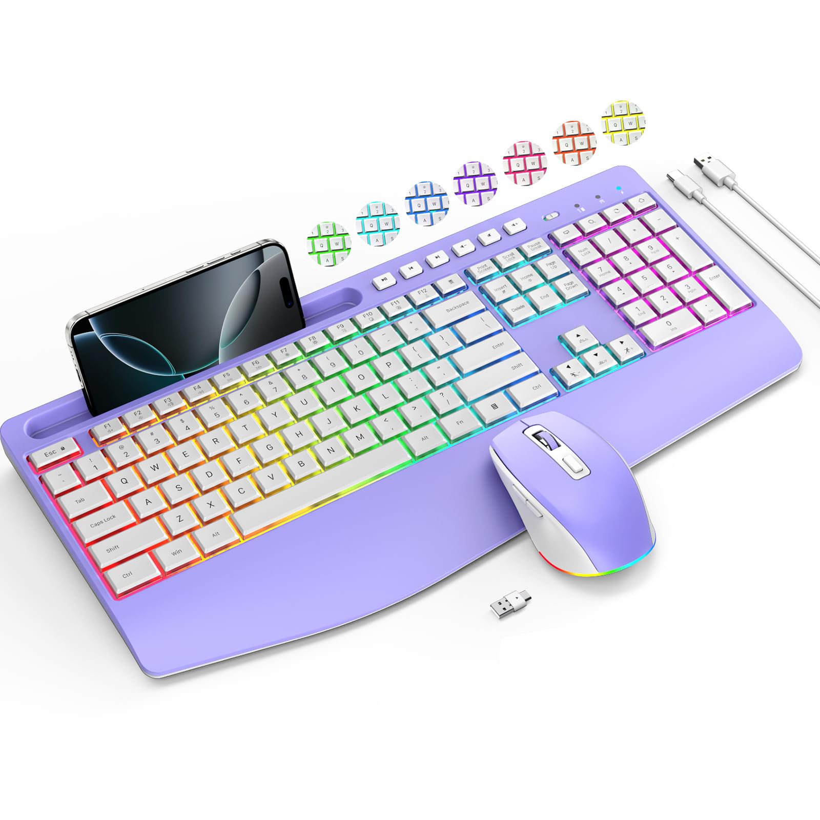 Wireless Keyboard and Mouse Combo- VEILZOR 2.4G Rechargeable Keyboard with Phone Holder, Ergonomic Wrist Rest, 9 RGB Backlit Eff