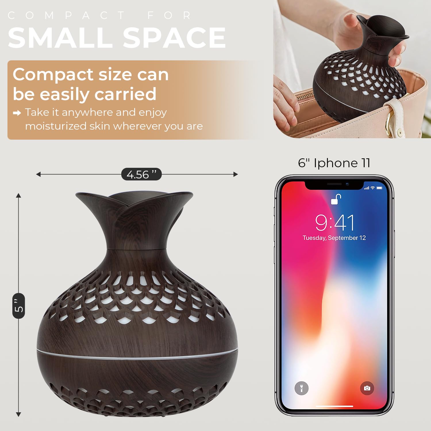 Portable Mini Humidifier, 300Ml Small Humidifiers Wooden Vase Flower Aroma Diffuser, Quiet Cool Mist Humidification For Baby Bed