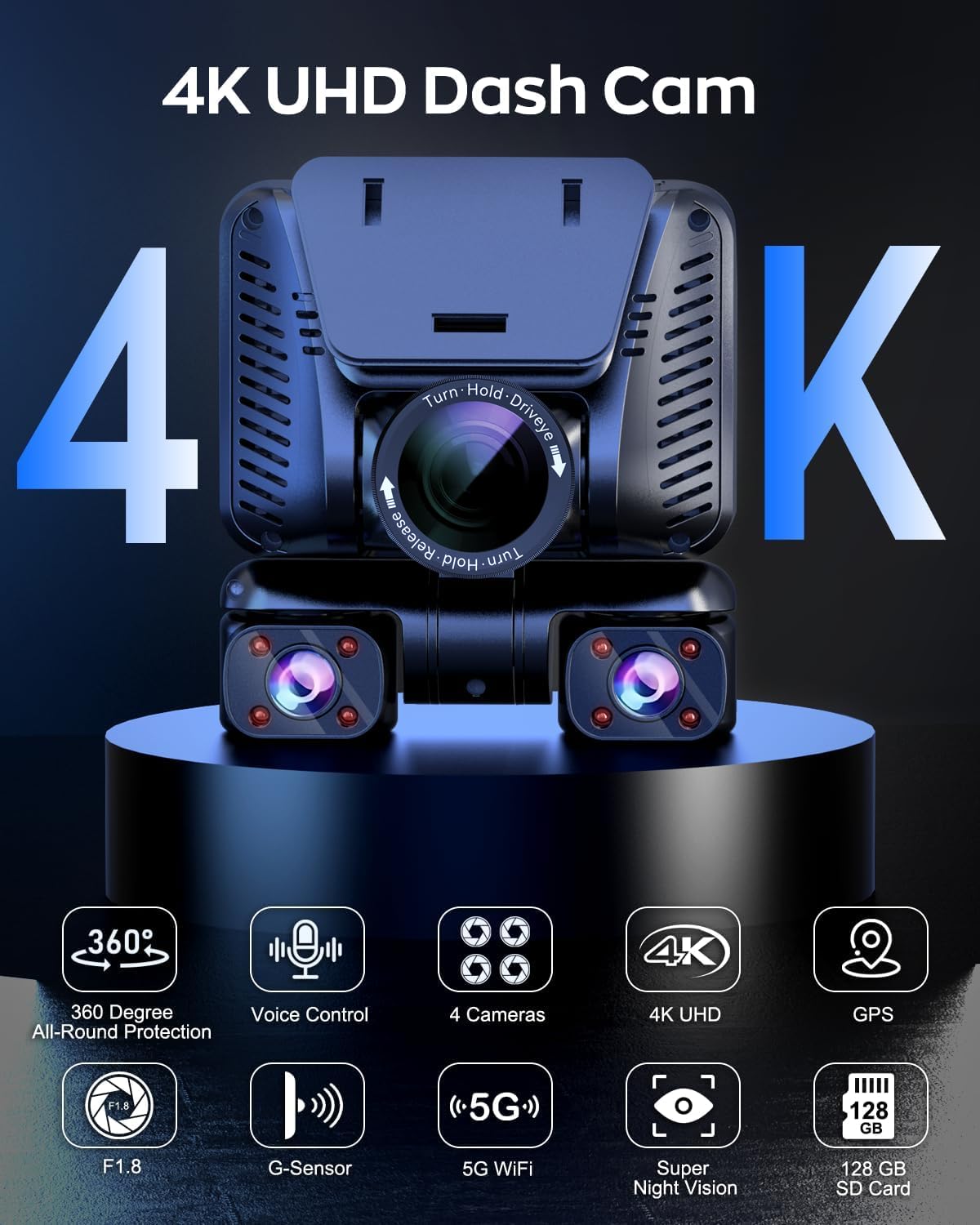 Dash Cam Front And Rear With 5 Channel,Baby Car Camera 4K 360?Dash Camera For Cars,Built In 5Ghz Wi Fi Gps, Voice Control,Cpl, F