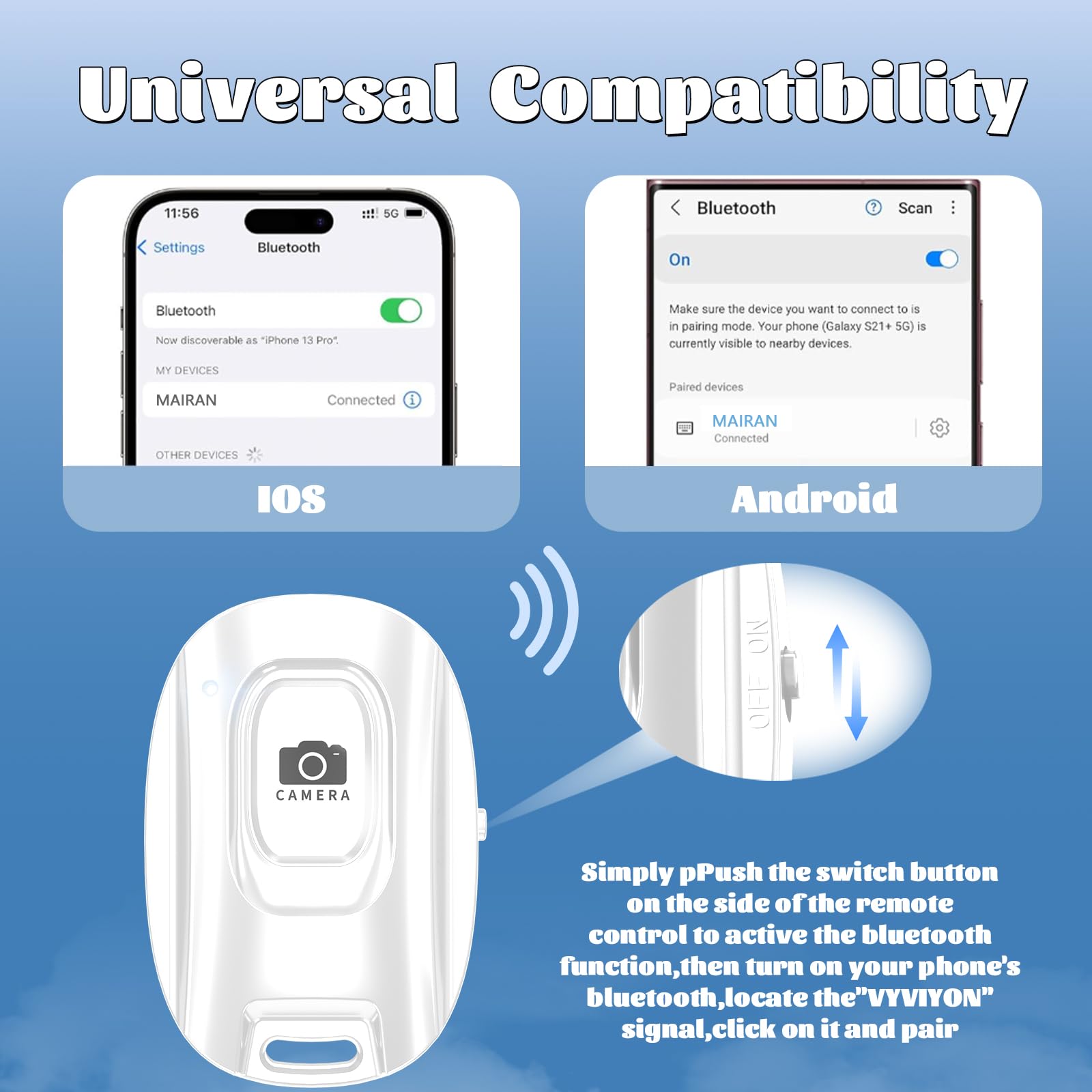 Mairan Rechargeable Wireless Camera Remote Shutter For Iphone And Android Smartphones, Bluetooth Phone Remote Control,Selfie But