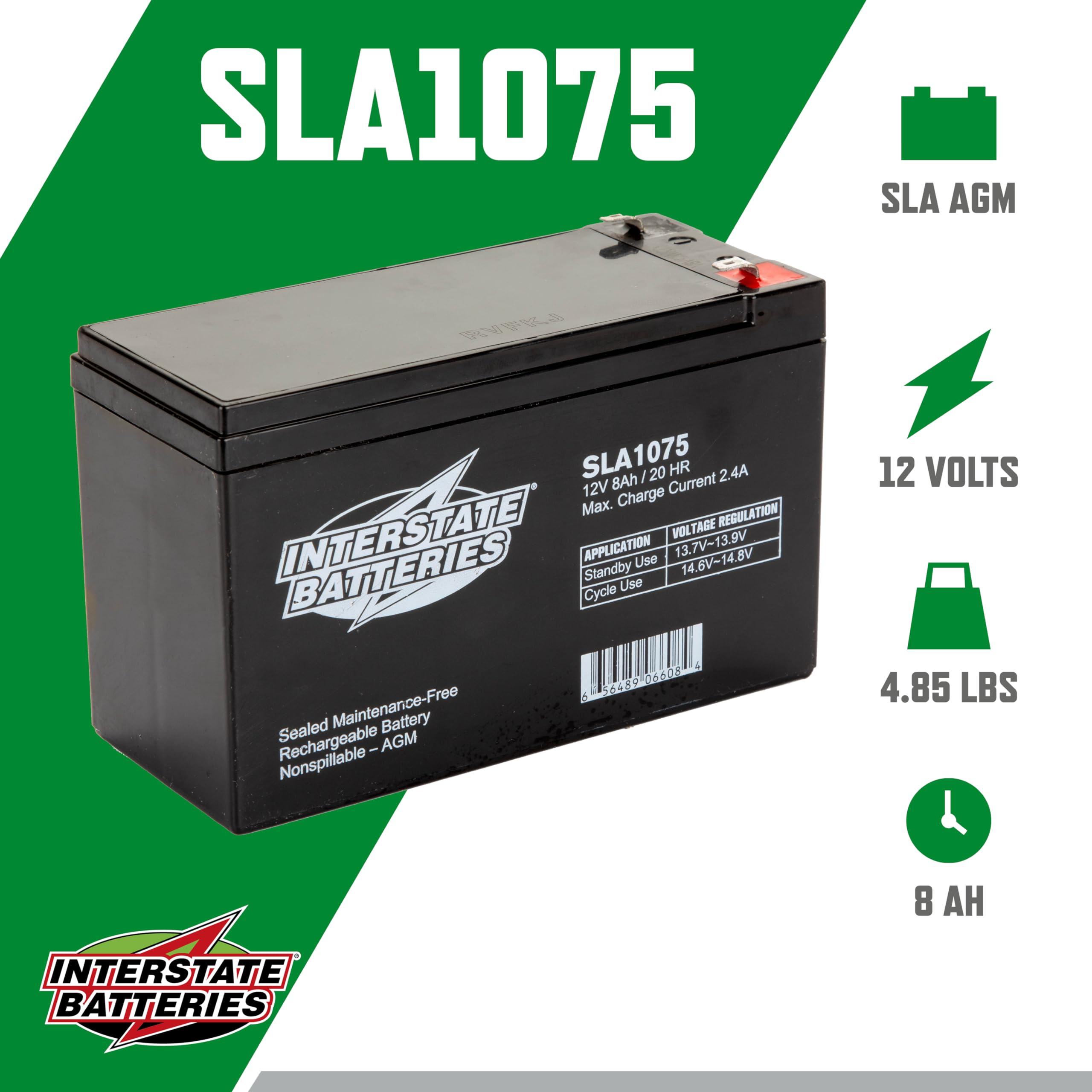 Interstate Batteries 12V 8Ah Battery (Sla1075) Sealed Lead Acid Rechargeable Sla Agm (F1 Terminal) Wireless Internet Ups Systems