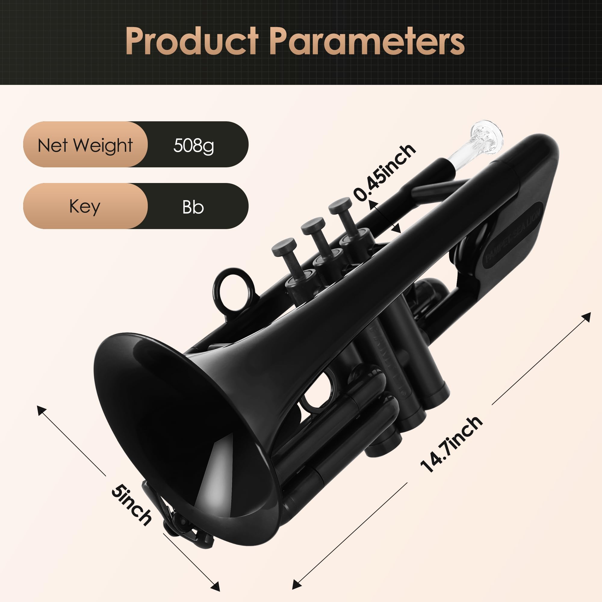 Pampet Sea Lion Professional Plastic Bb Trumpet Standard Trumpets Trumpet Set For Student Beginner Bb Trumpet Instrument (Black)
