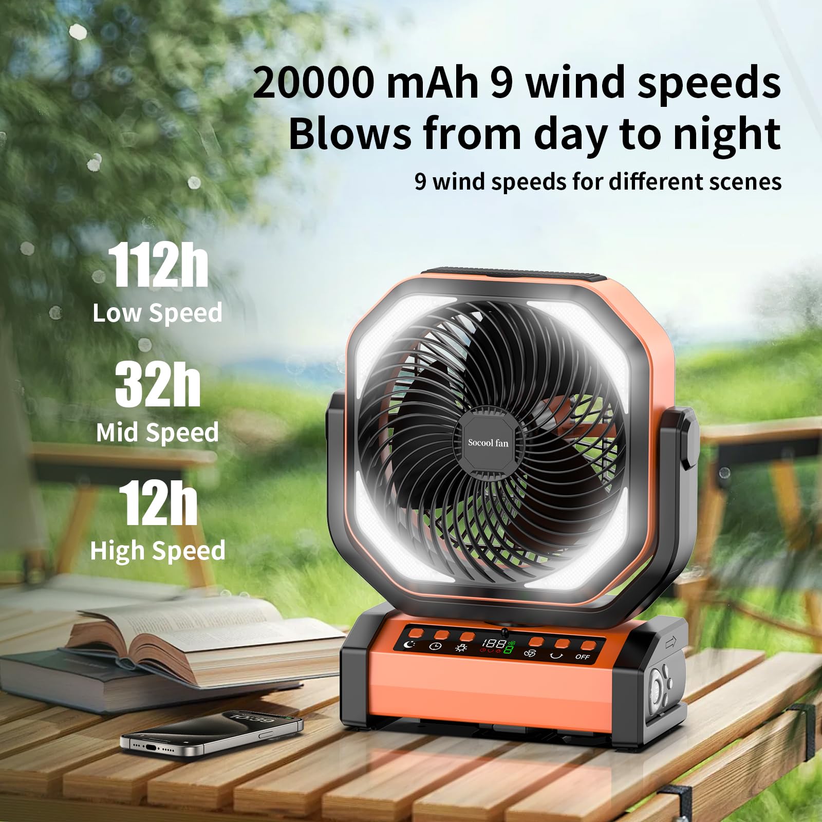 Socool Camping Fan With Light   20000Mah Rechargeable Battery Fan, 112Hrs Max Run Time, 9 Speeds, Digital Display, Timer, Auto O