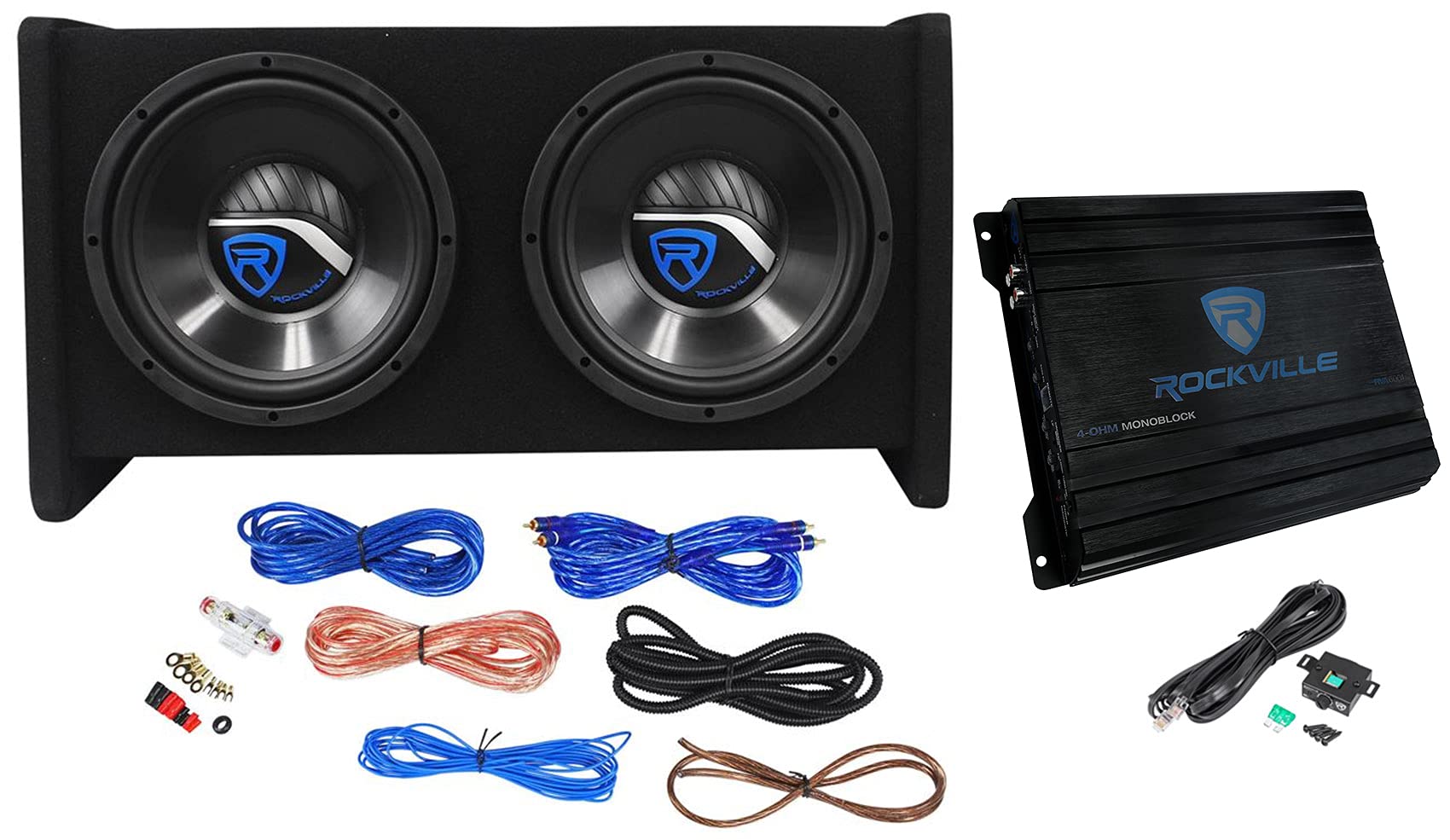 Rockville Rv10.2B 1000W Dual 10'' Car Subwoofer Enclosure+Mono Amplifier+Amp Kit
