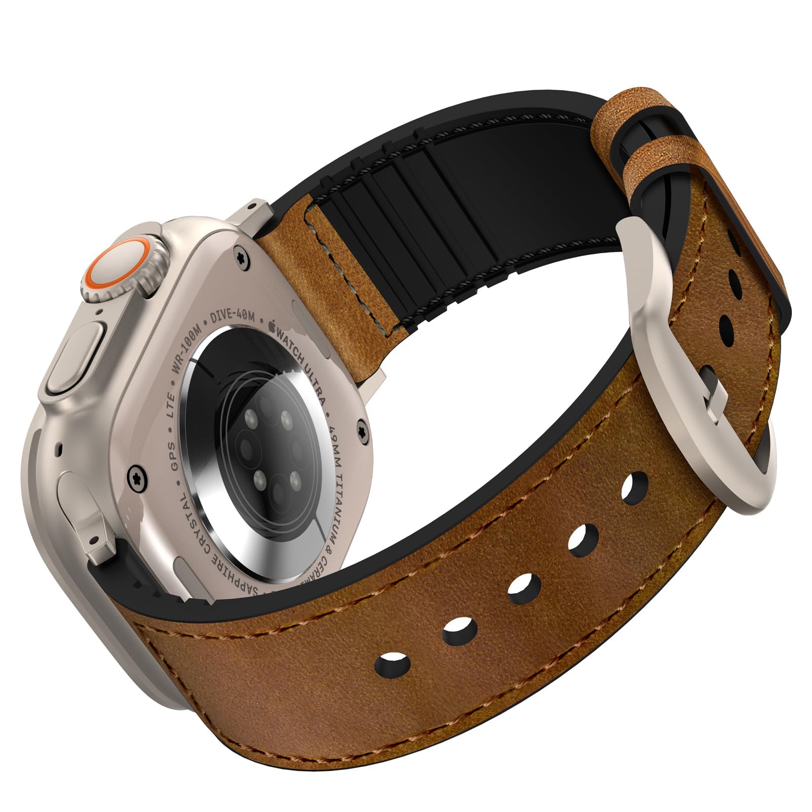 Ouheng Compatible With Apple Watch Band 49Mm/46Mm/45Mm/44Mm/42Mm, Sweatproof Leather And Rubber Hybrid Band For Iwatch Ultra 2/1