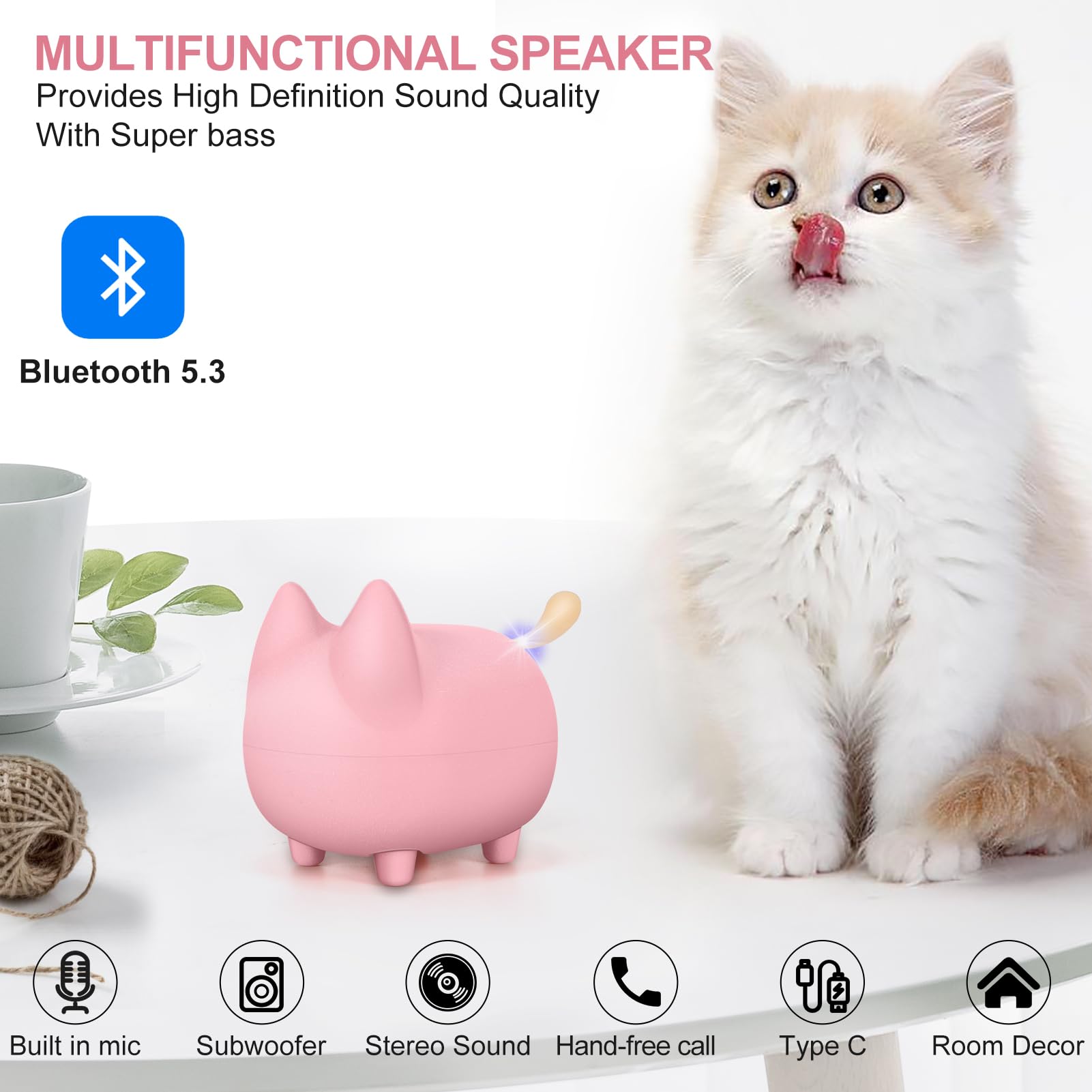 Svemei Cute Bluetooth Speaker, Mini Cat Portable Wireless Speakers With Loud Stereo Sound, Built In Mic, Dual Pairing,40H Playti
