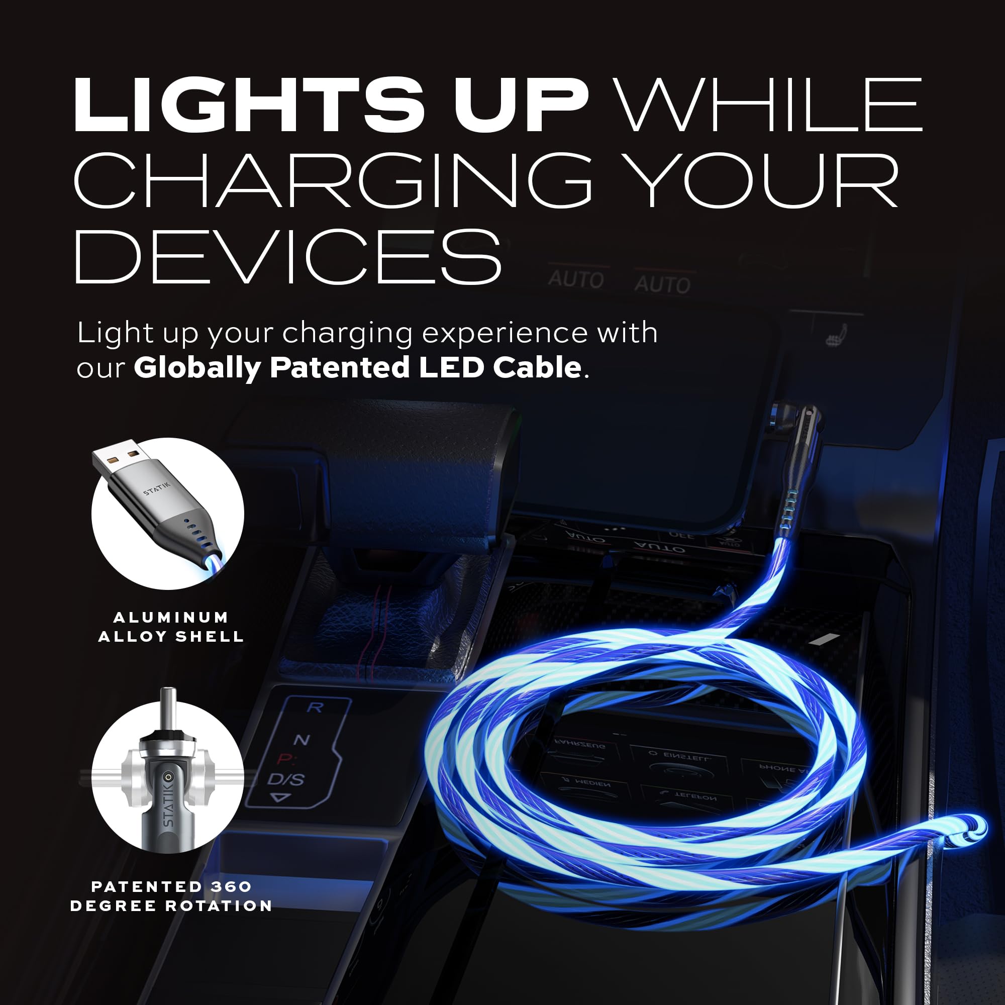 Statik Powerpivot 12W Globright Right Angle Charging Cable, Light Up Charging Swivel Head Cable, Led Glowing Charging Cable, Ipr