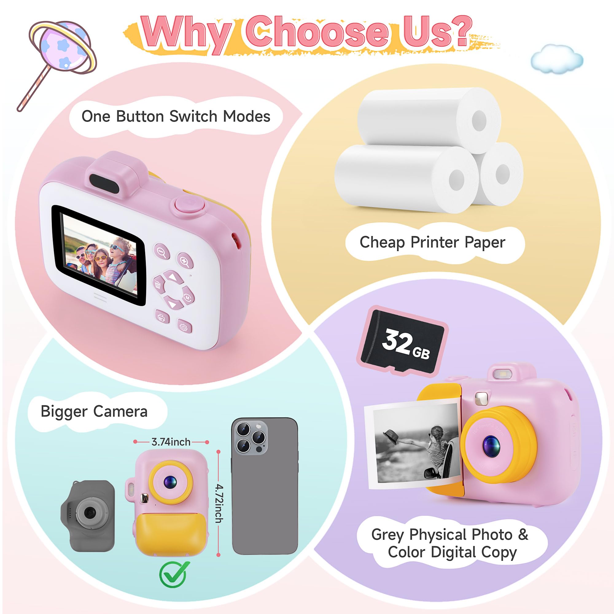 Kids Camera Instant Print For Girls Boys Age 3 12 Kids Toys, 12Mp 1080P Kids Digital Cameras Christmas Birthday Gifts For 4 5 6