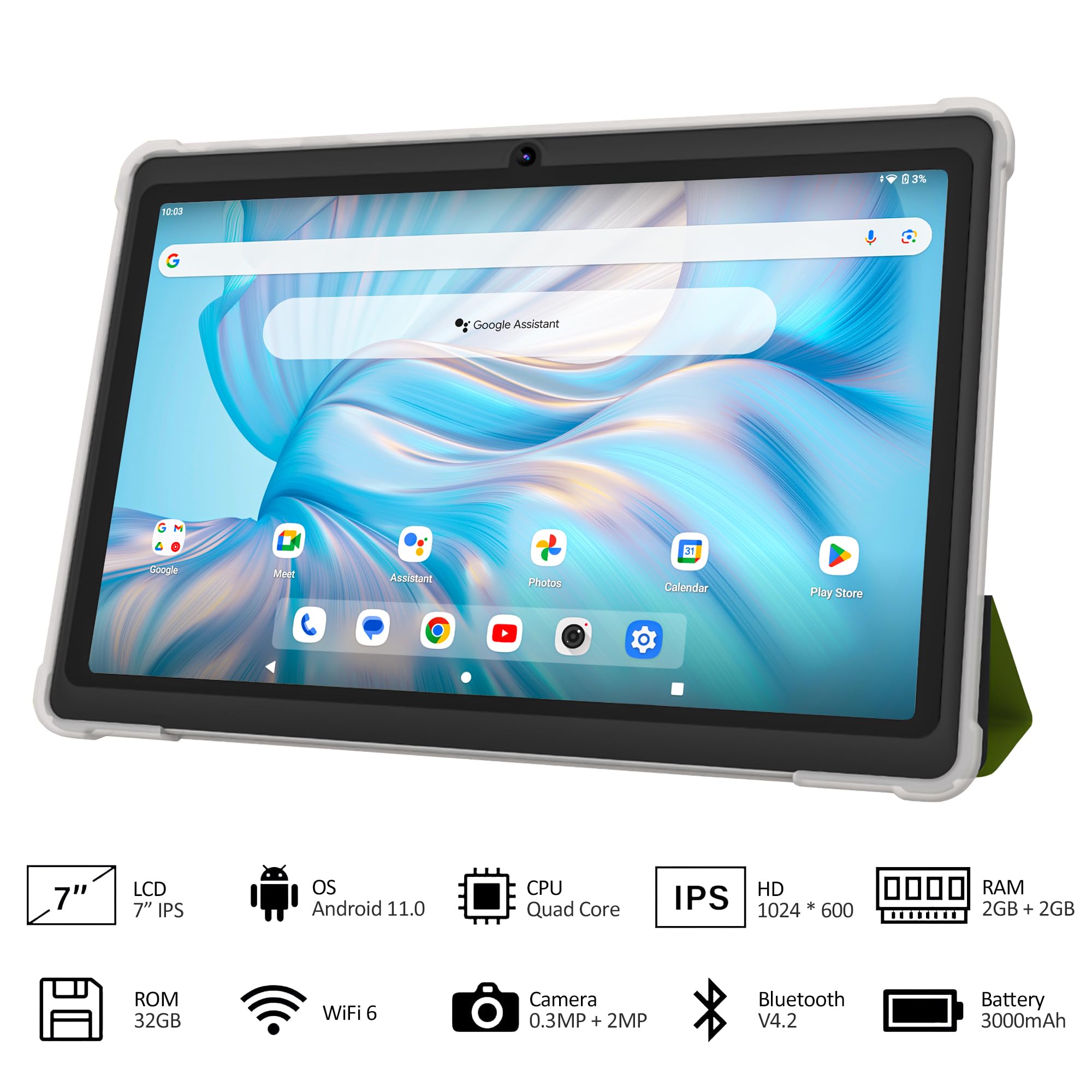 Volentex 7 Inch Tablet With Case, Quad Core Android 11, 32Gb Rom, Wifi 6, Bluetooth, Dual Camera, Usb C Tablet Pc, 7'' Touch Scr