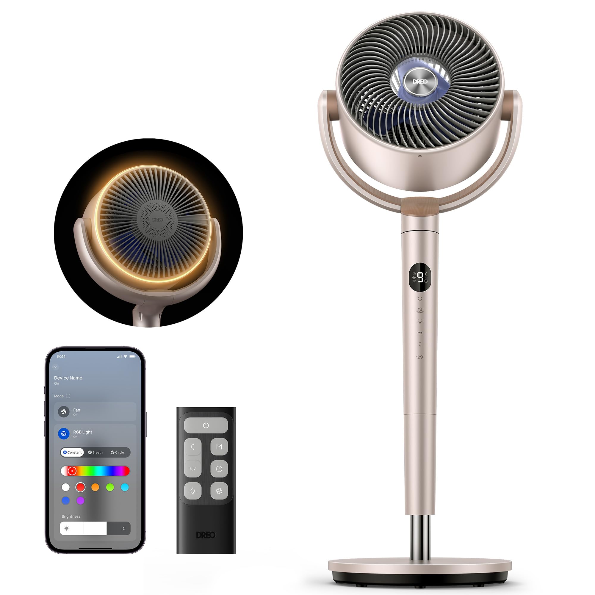 Dreo Smart Fans for Bedroom, 120 +120 Omni-Directional Oscillating Fan, 90ft Quiet Pedestal Fan with RGB Light, 9 Speeds, 6 Mode