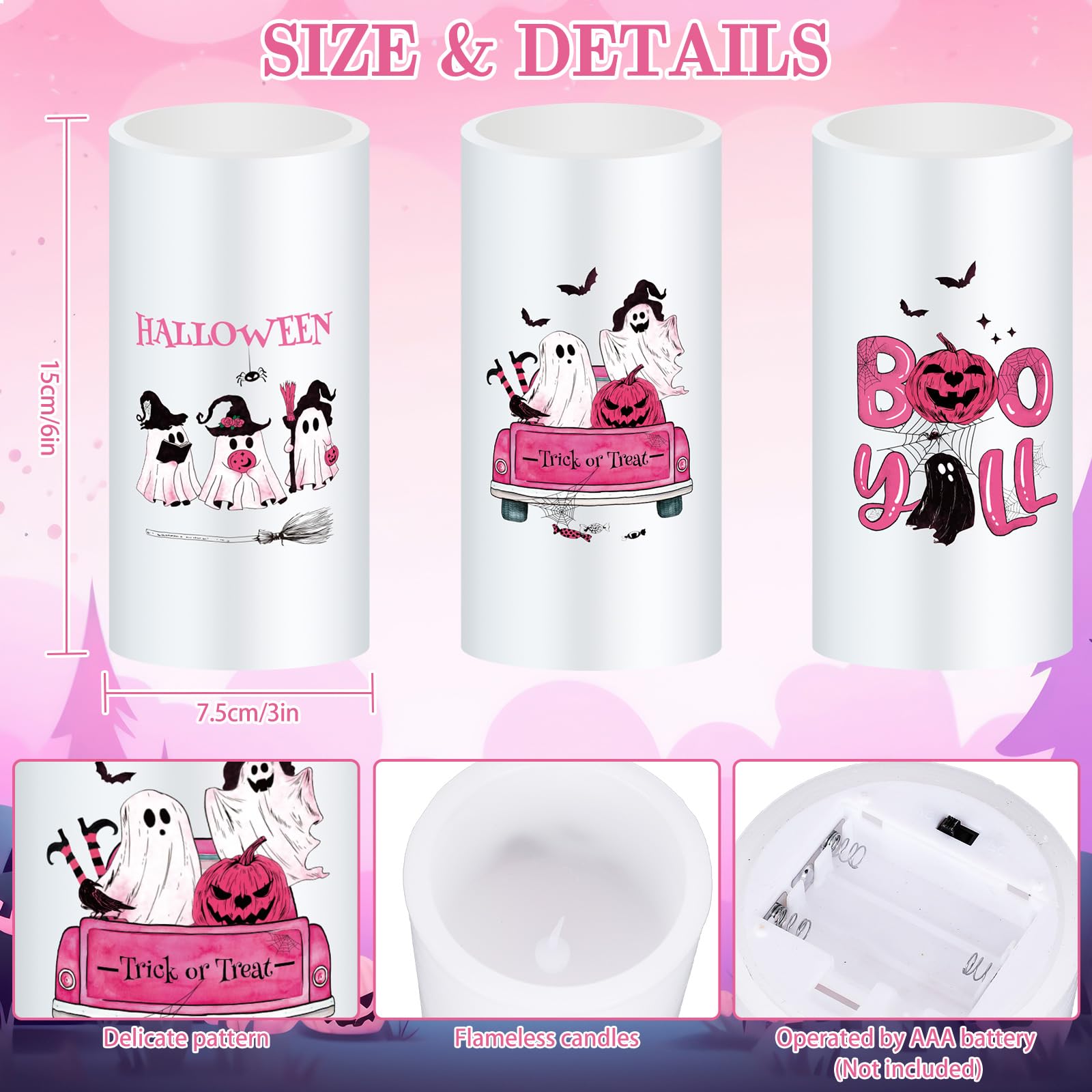 Whaline Halloween Led Flameless Candles Pink Ghost Pumpkin Warm Light Battery Operated Pillar Candles Electric Flickering Candle