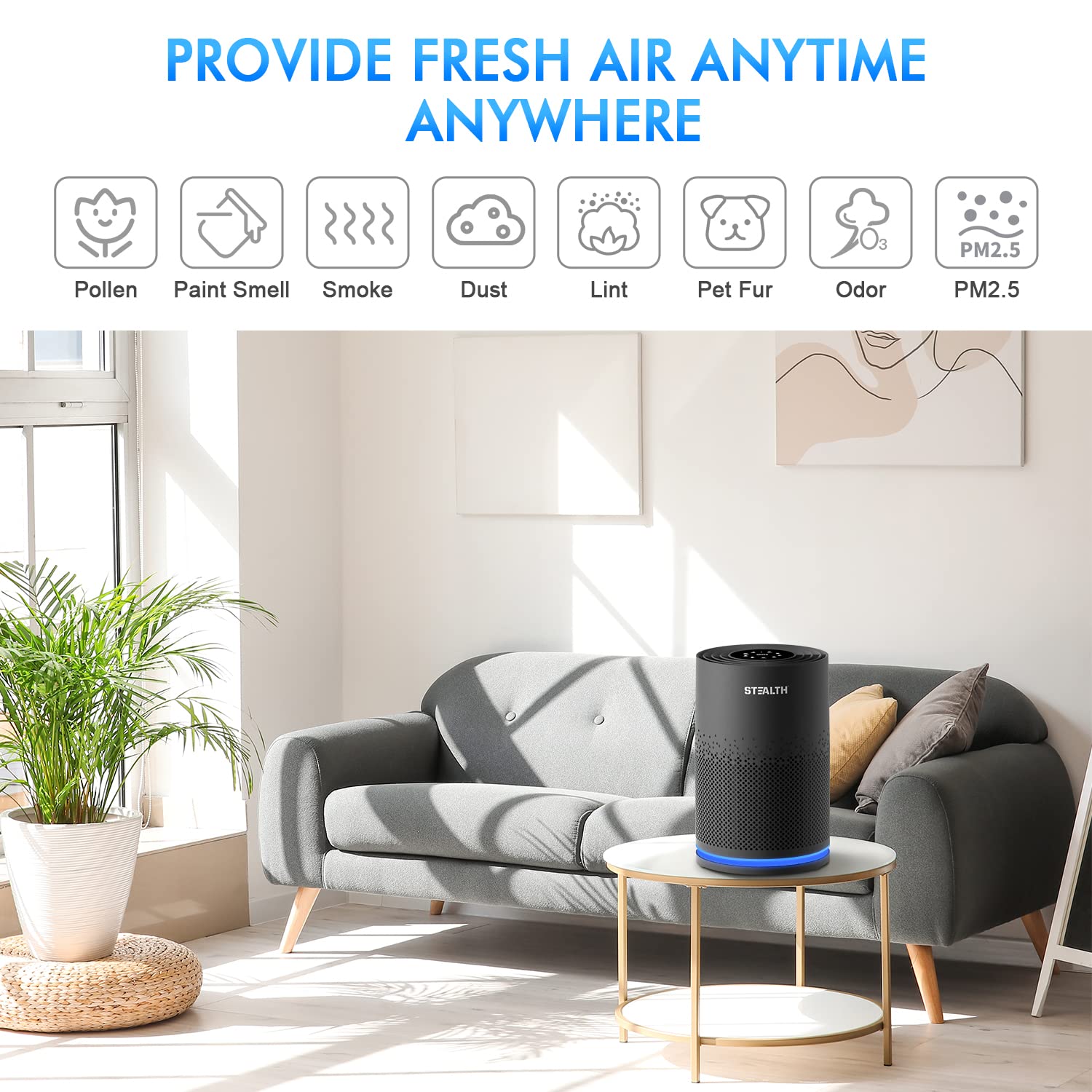 Stealth Air Purifier For Home, H13 True Hepa Filter Cleaner With Filter, Pm2.5 Monitor, Covers Up To 1450 Ft, Captures 99.97% Of